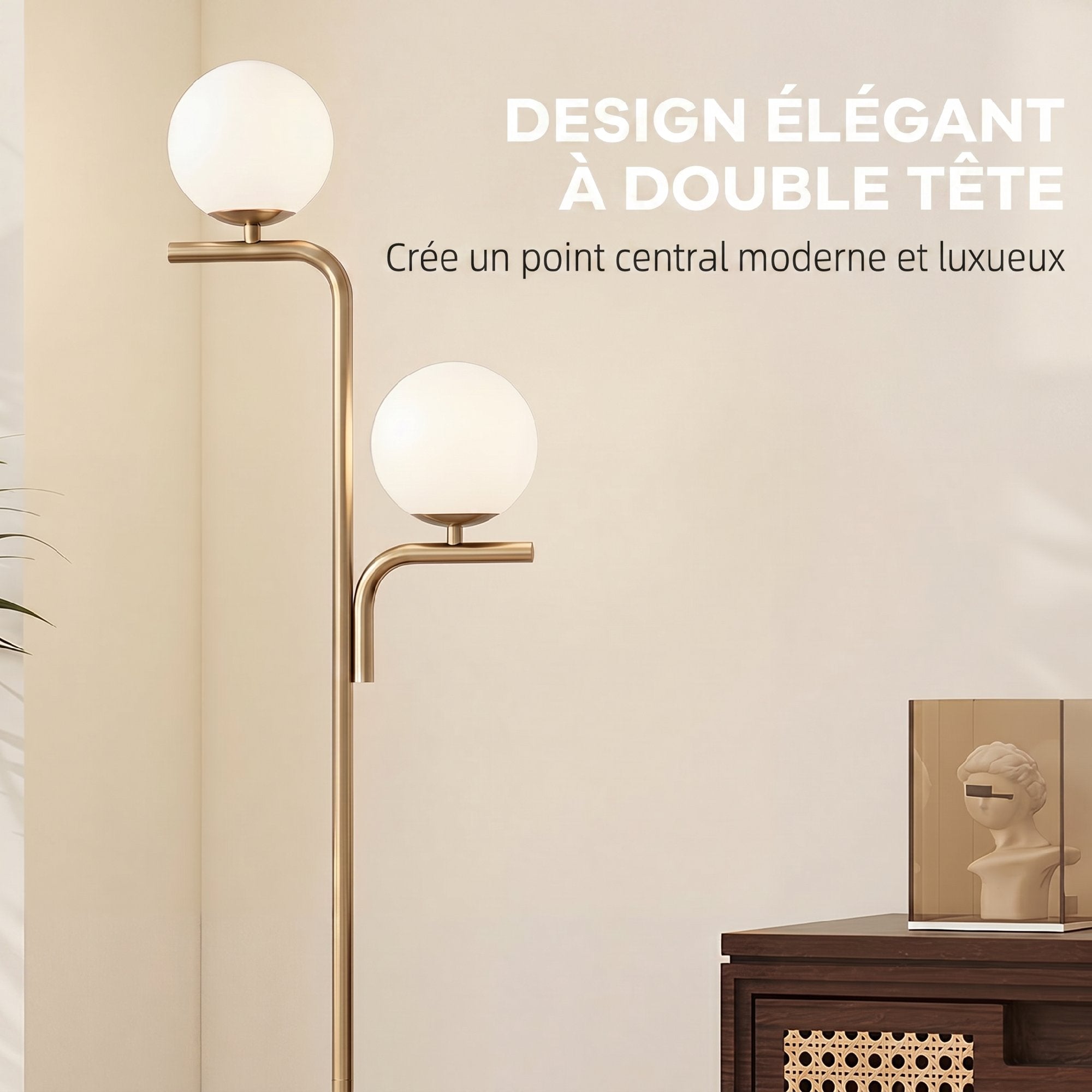 Lampadaire sur Pied Salon à Double Tête, Lampe sur Pied Moderne avec Abat-Jour en Verre Sphérique, 3 Températures de Couleur, Douille E27, Interrupteur au Pied, pour Chambre, Bureau, Doré