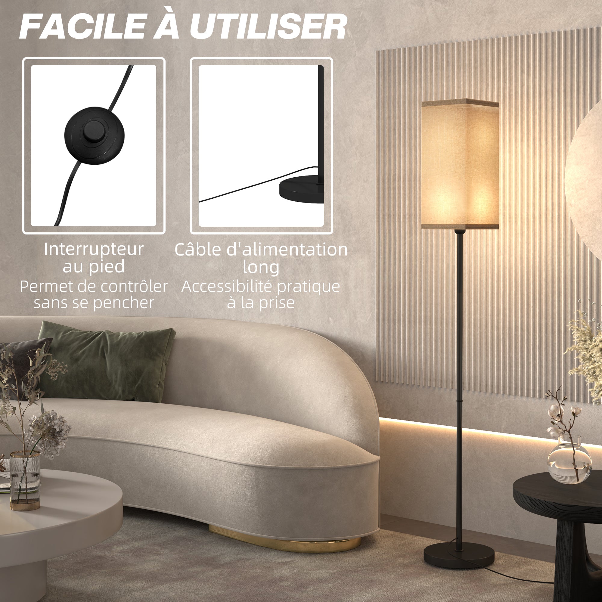 Lampadaire sur pied salon, lampe salon sur pied, avec abat-jour beige effet lin, interrupteur, pour chambre à coucher, noir