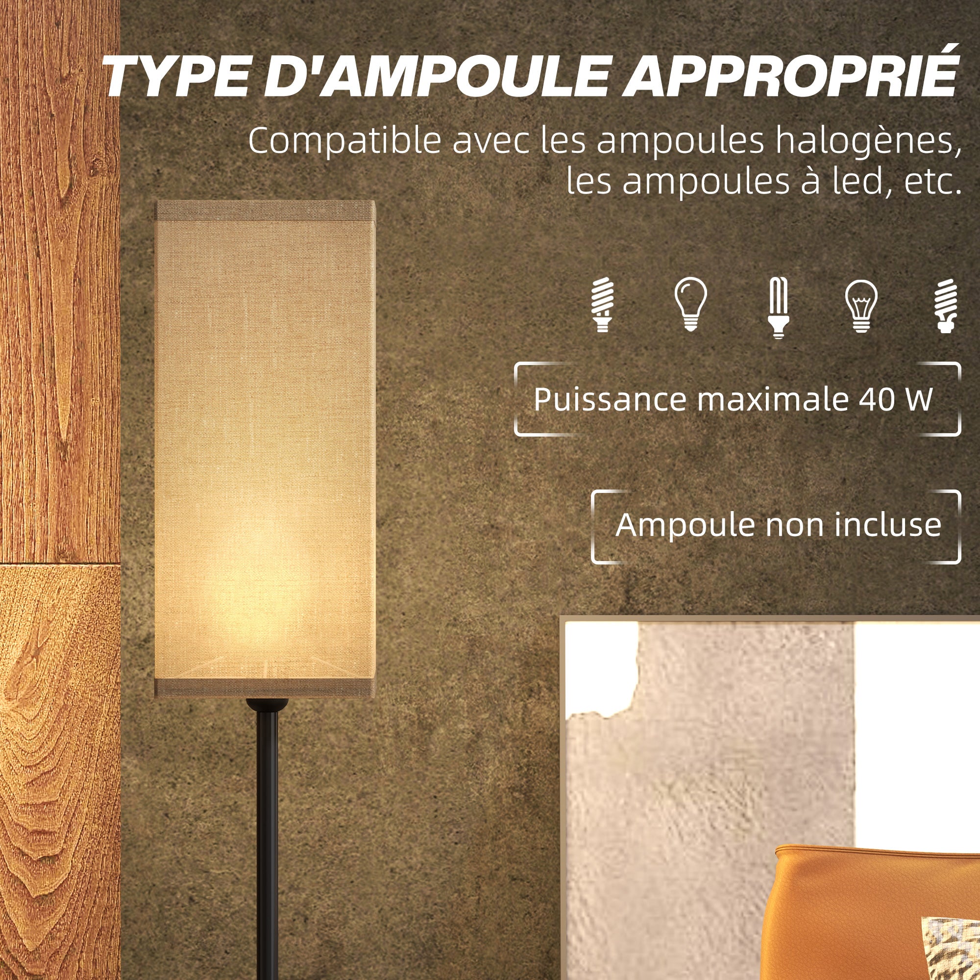 Lampadaire sur pied salon, lampe salon sur pied, avec abat-jour beige effet lin, interrupteur, pour chambre à coucher, noir