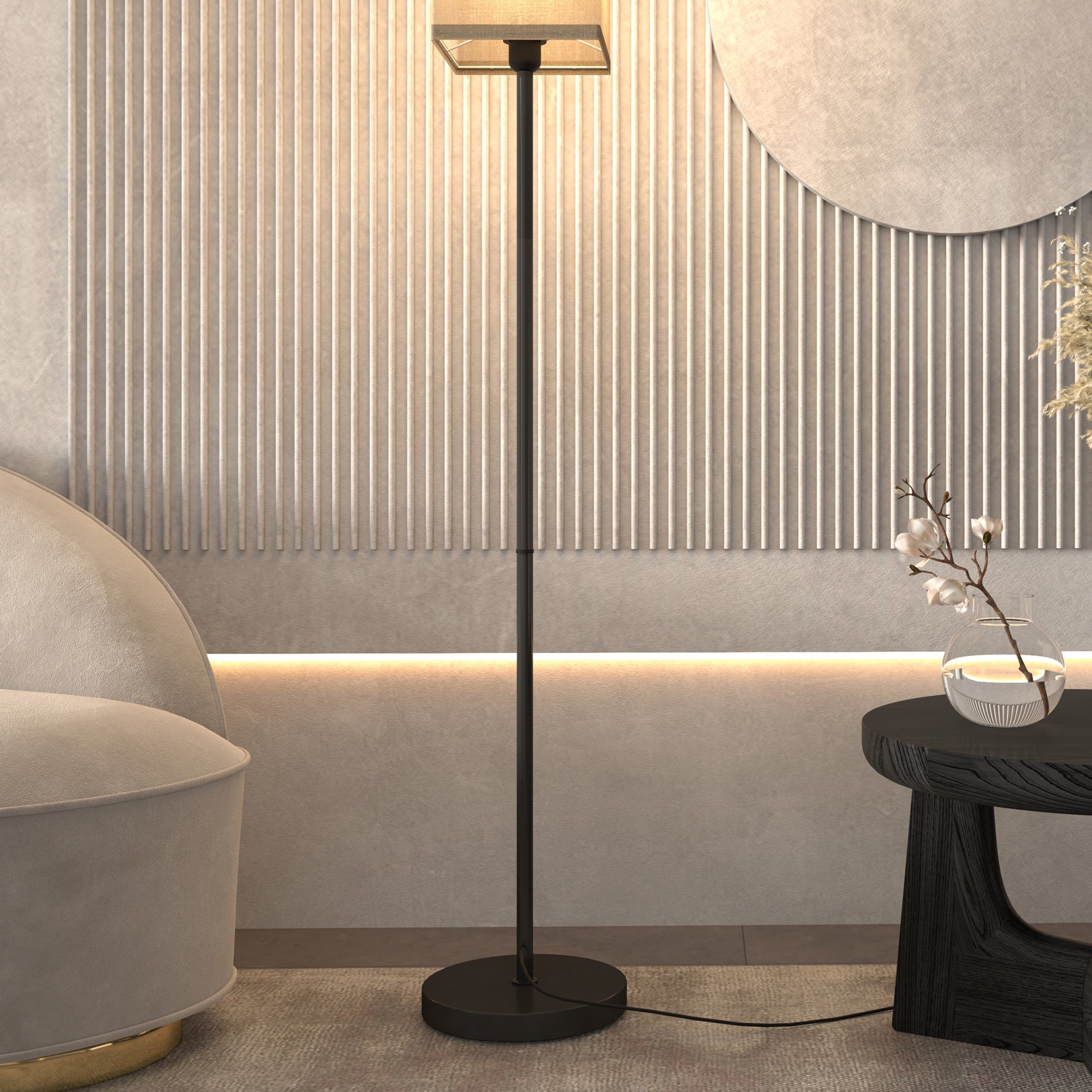 Lampadaire sur pied salon, lampe salon sur pied, avec abat-jour beige effet lin, interrupteur, pour chambre à coucher, noir