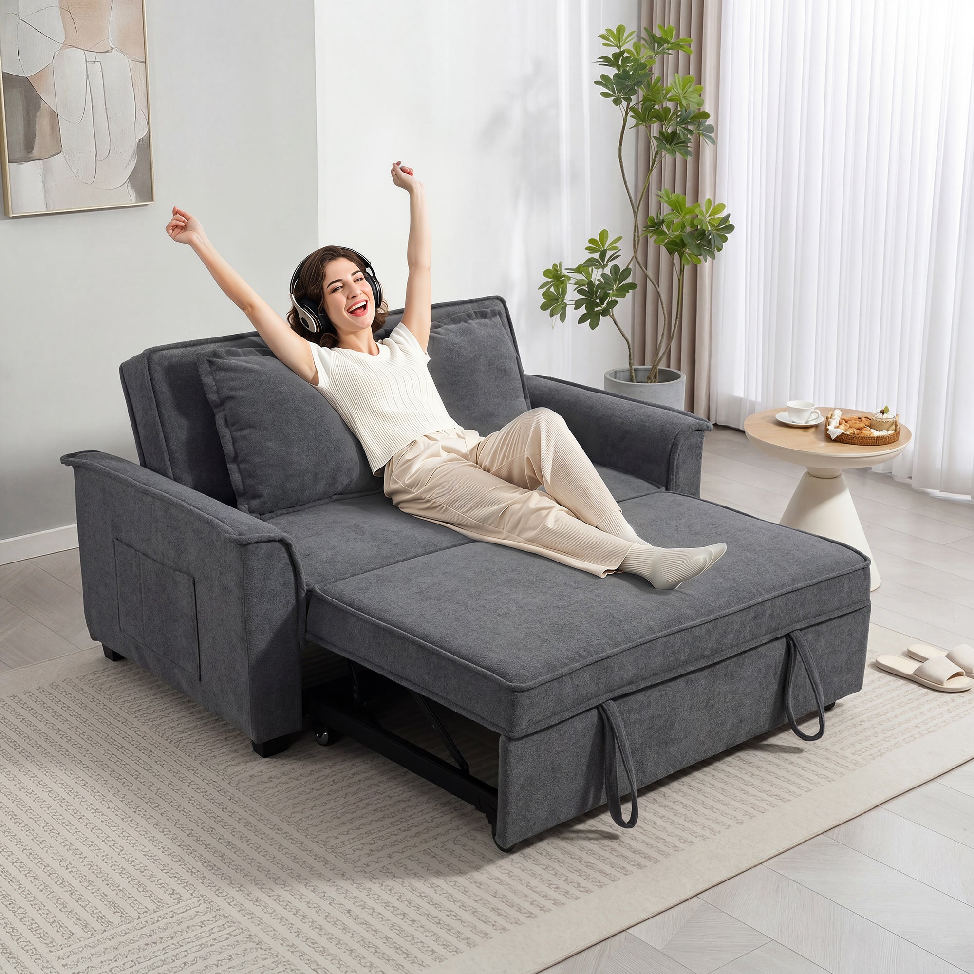 Canapé convertible 2 places, canapé-lit clic-clac en chenille 168cm, dossier réglable, ressorts ensachés, poche latérale, 2 coussins, style moderne, pour salon chambre d'amis petit espace, gris