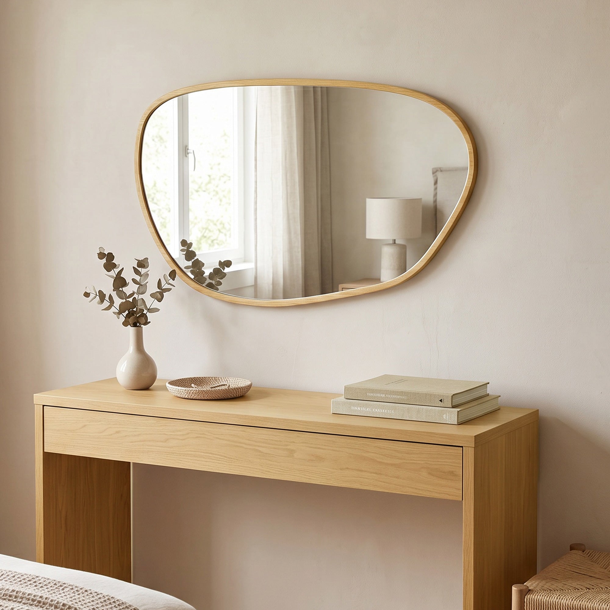Miroir mural, miroir décoratif asymétrique 90 x 60 cm en verre trempé, pour salle de bain, chambre, salon, couloir, naturel