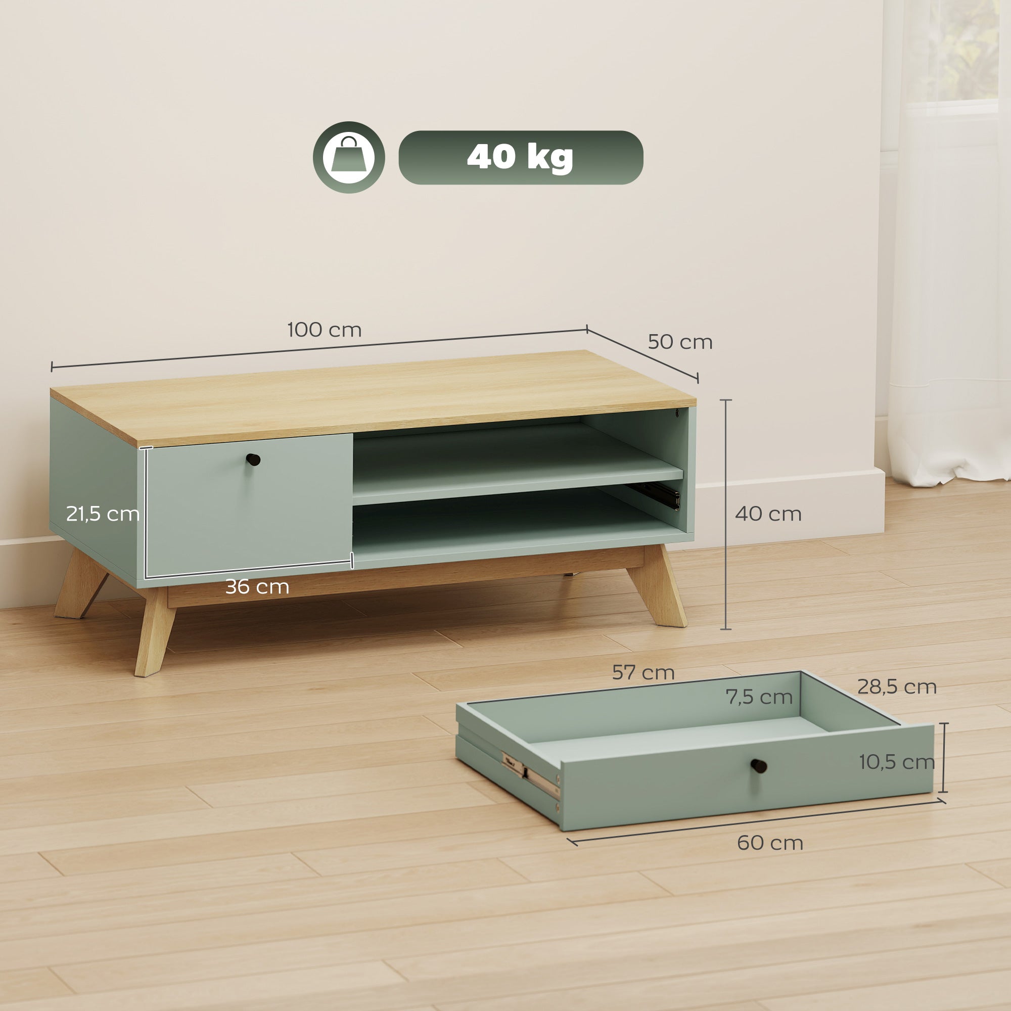 Table basse de salon, table d'appoint rectangulaire avec tiroir, porte et compartiment ouvert, style moderne, pour chambre, séjour et bureau, 100 x 50 x 40 cm, vert clair et chêne