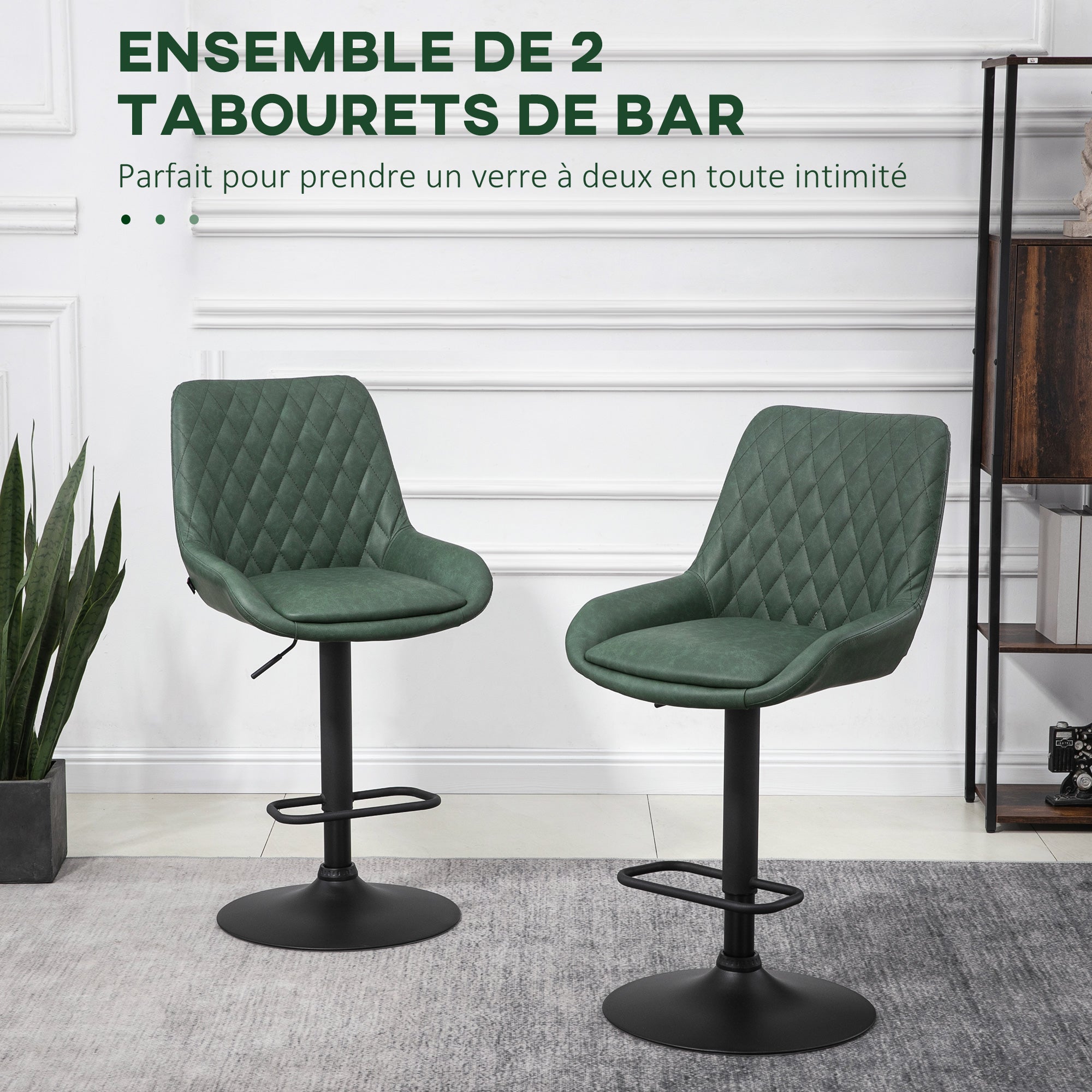 Lot de 2 tabourets de bar en similicuir, chaises de bar, tabourets hauts, hauteur réglable, pivotant à 360°, avec dossier et repose-pieds, piètement en acier, vert foncé