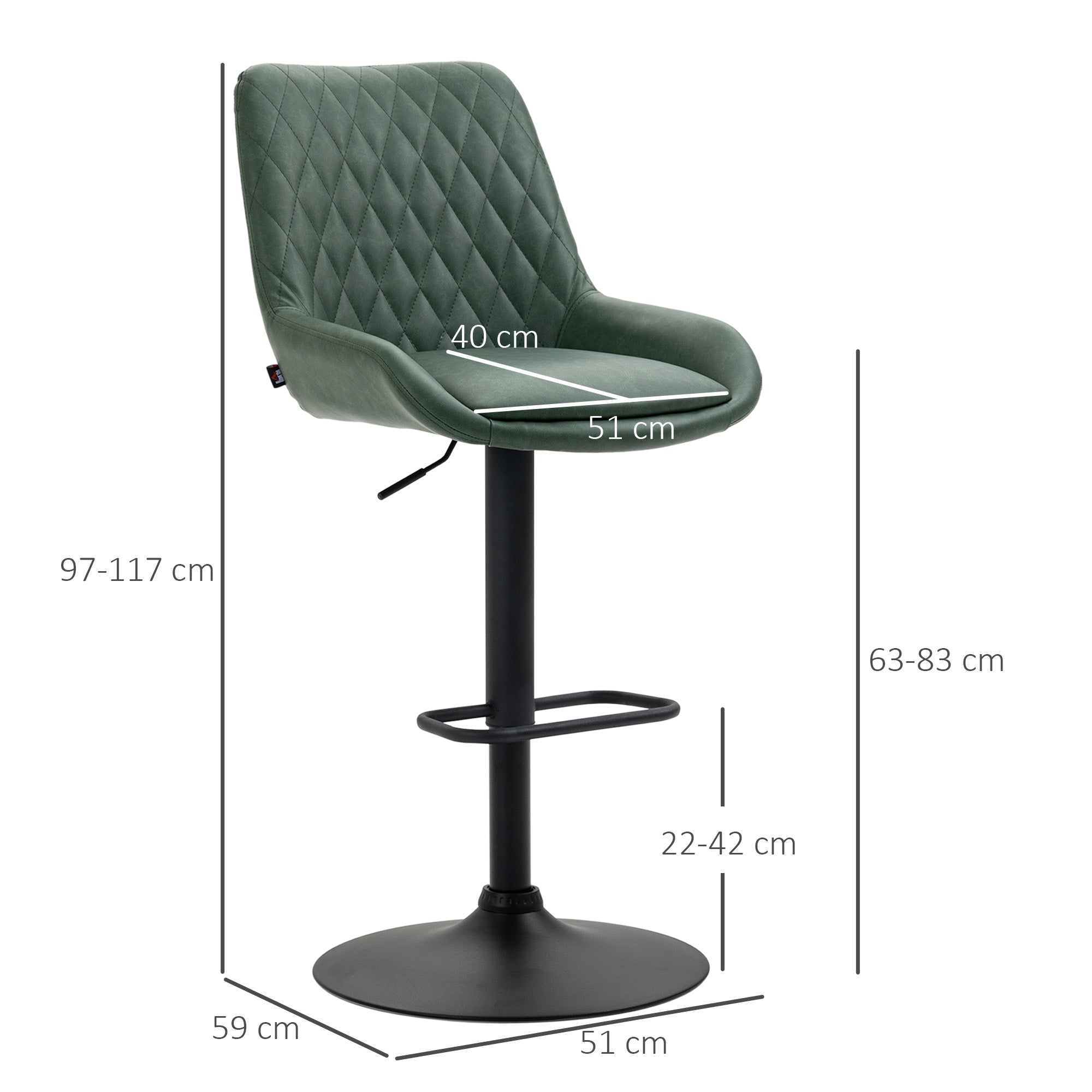 Lot de 2 tabourets de bar en similicuir, chaises de bar, tabourets hauts, hauteur réglable, pivotant à 360°, avec dossier et repose-pieds, piètement en acier, vert foncé