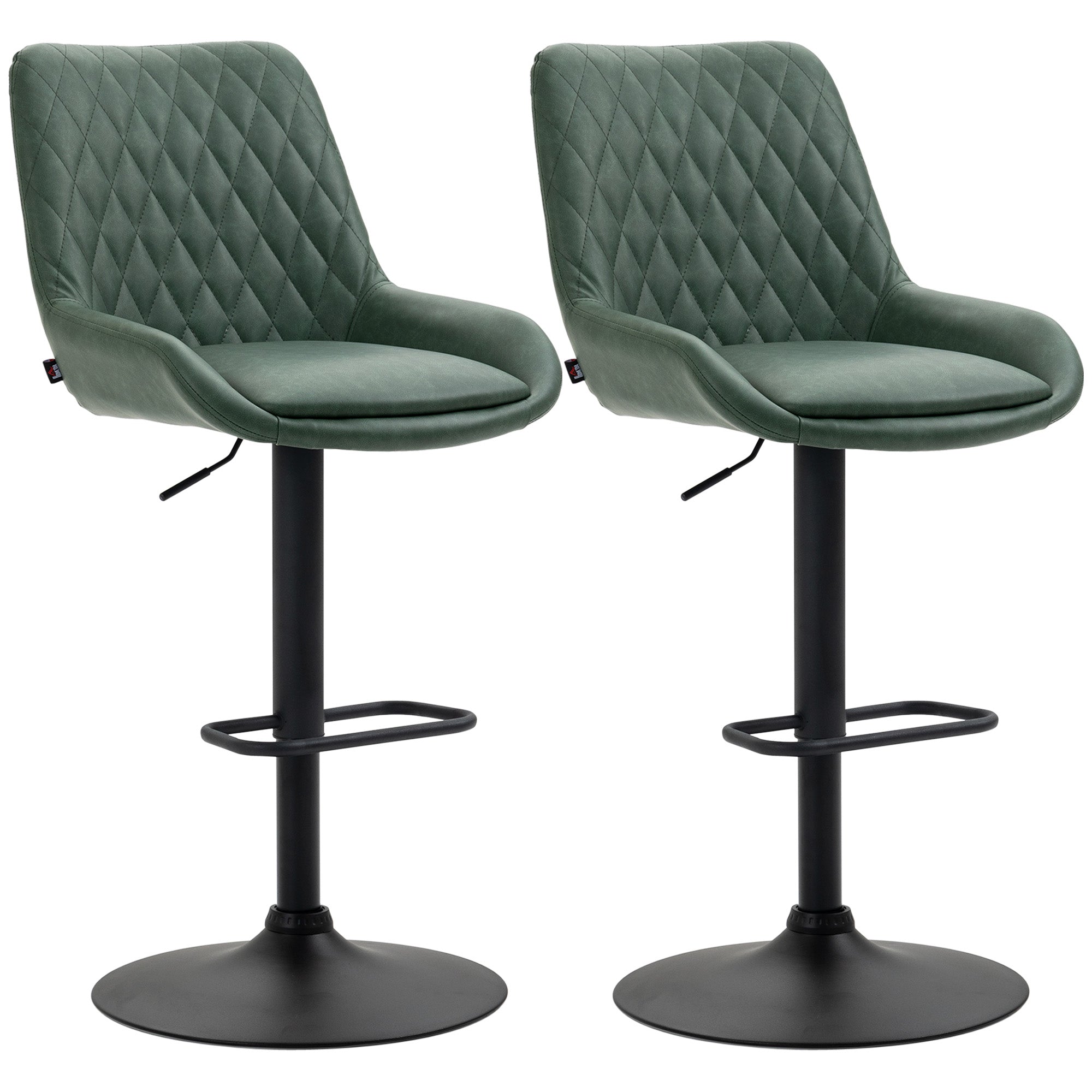 Lot de 2 tabourets de bar en similicuir, chaises de bar, tabourets hauts, hauteur réglable, pivotant à 360°, avec dossier et repose-pieds, piètement en acier, vert foncé