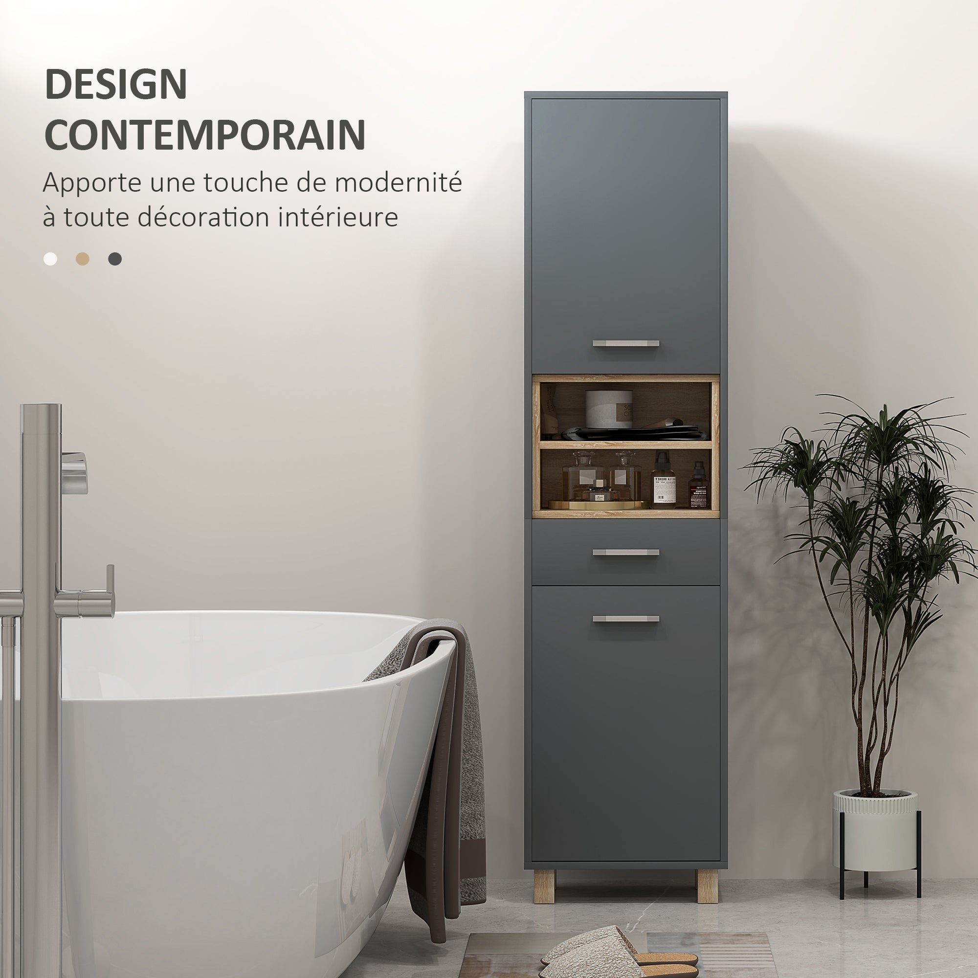 Colonne salle de bain, meuble salle de bain rangement, meuble de rangement avec 2 placards, tiroir et 2 compartiments ouverts, armoire haute pour salon, cuisine - 40 x 24 x 160 cm, gris