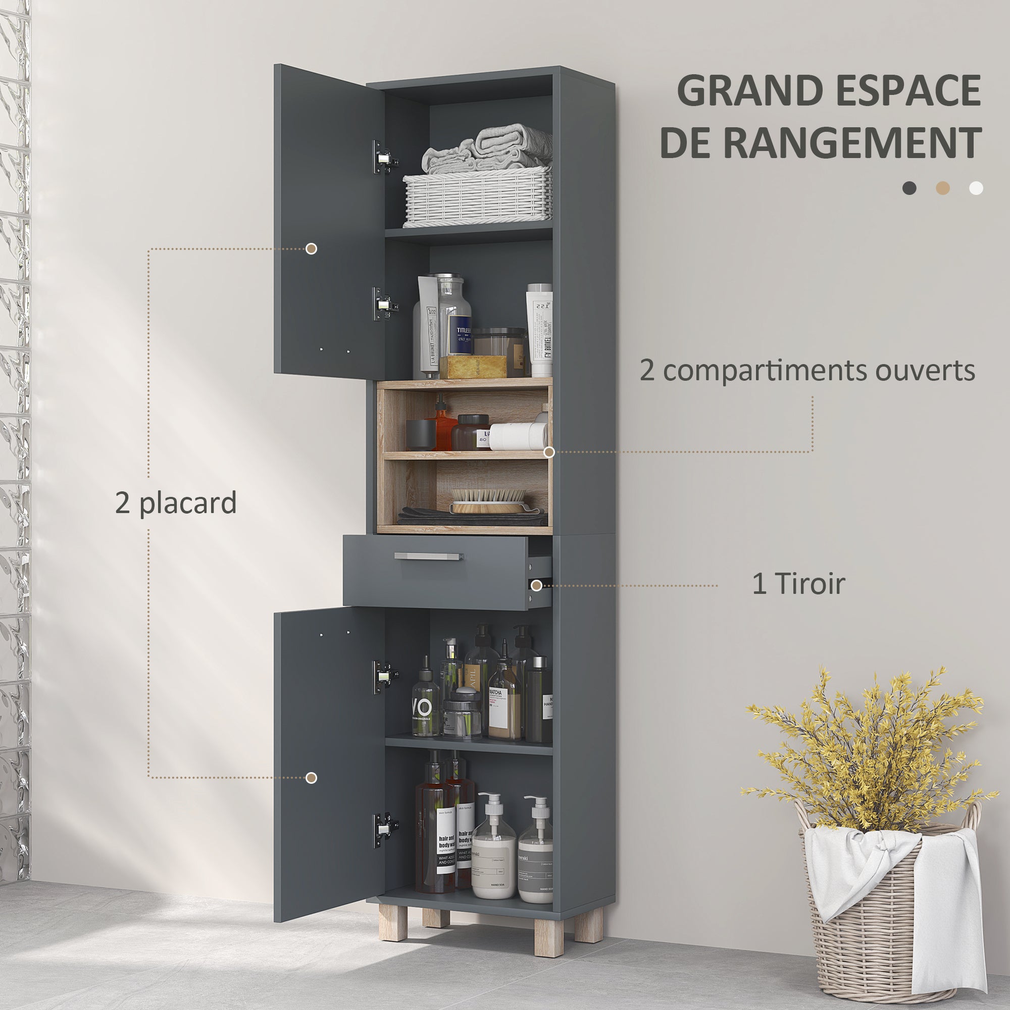 Colonne salle de bain, meuble salle de bain rangement, meuble de rangement avec 2 placards, tiroir et 2 compartiments ouverts, armoire haute pour salon, cuisine - 40 x 24 x 160 cm, gris