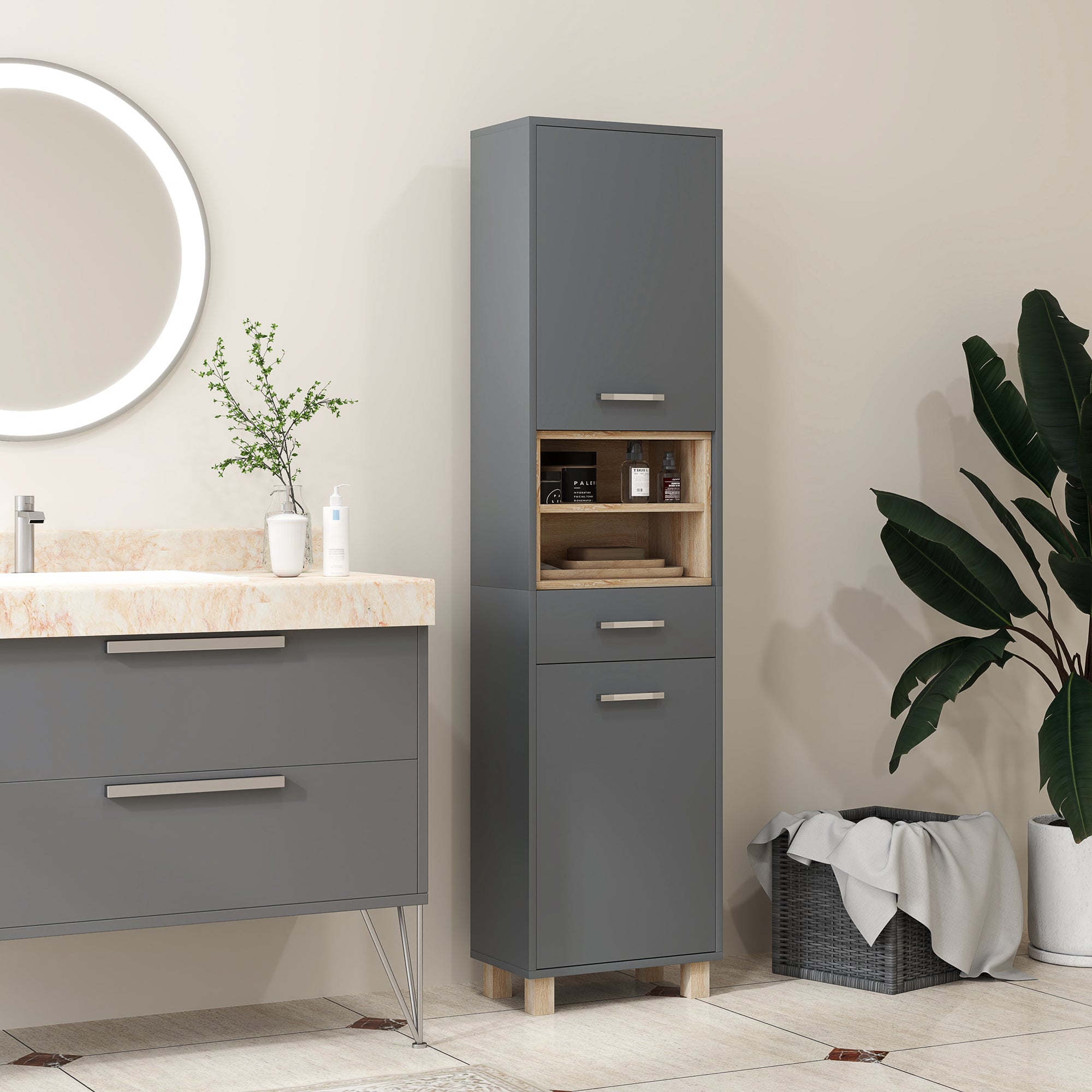 Colonne salle de bain, meuble salle de bain rangement, meuble de rangement avec 2 placards, tiroir et 2 compartiments ouverts, armoire haute pour salon, cuisine - 40 x 24 x 160 cm, gris
