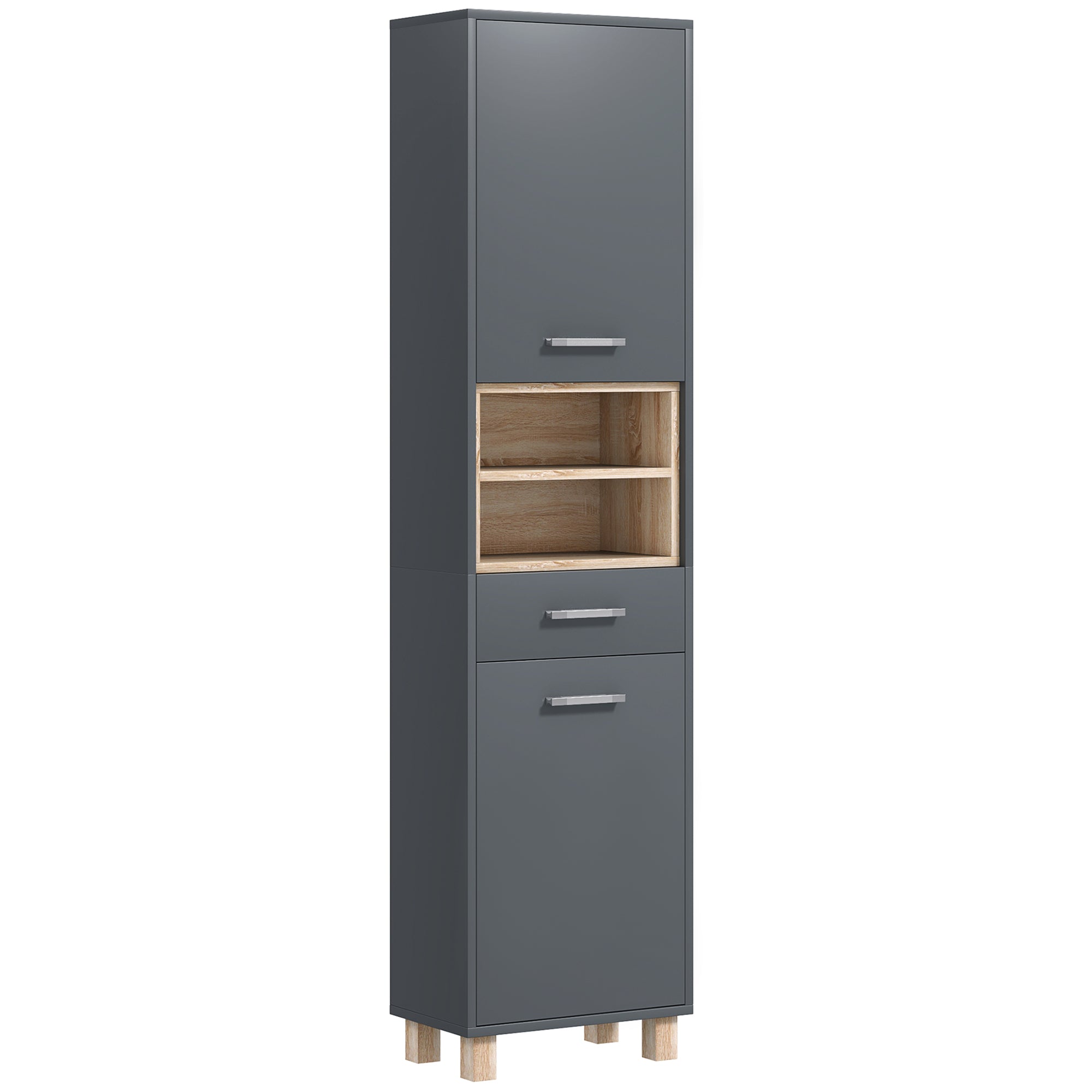 Colonne salle de bain, meuble salle de bain rangement, meuble de rangement avec 2 placards, tiroir et 2 compartiments ouverts, armoire haute pour salon, cuisine - 40 x 24 x 160 cm, gris