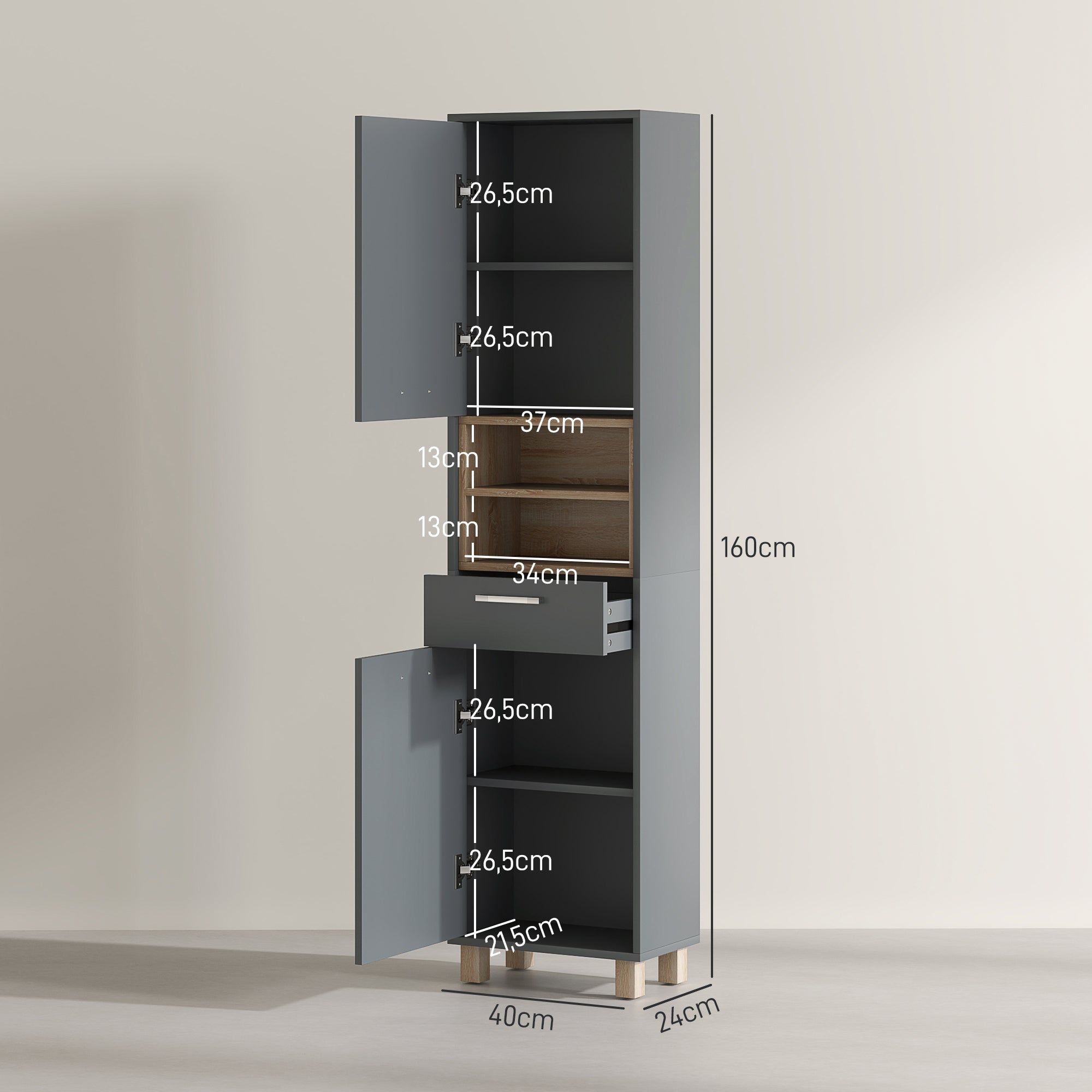 Colonne salle de bain, meuble salle de bain rangement, meuble de rangement avec 2 placards, tiroir et 2 compartiments ouverts, armoire haute pour salon, cuisine - 40 x 24 x 160 cm, gris
