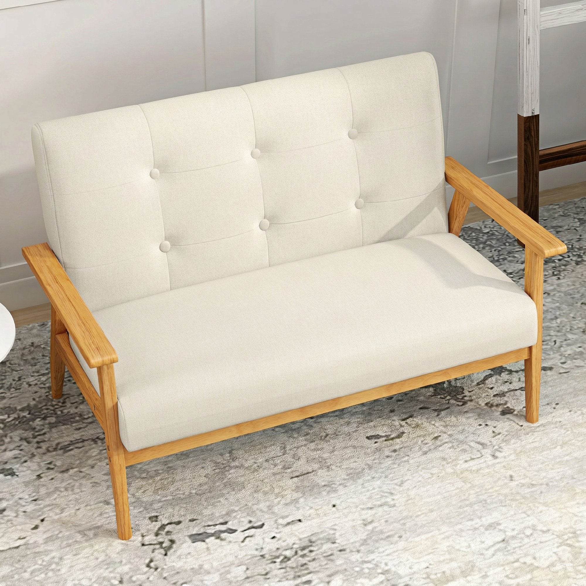 Canapé 3 places 115 cm, canapé scandinave avec dossier capitonné, assise rembourrée et accoudoirs, pieds en bois d'hévéa, pour salon, chambre, petit espace, beige