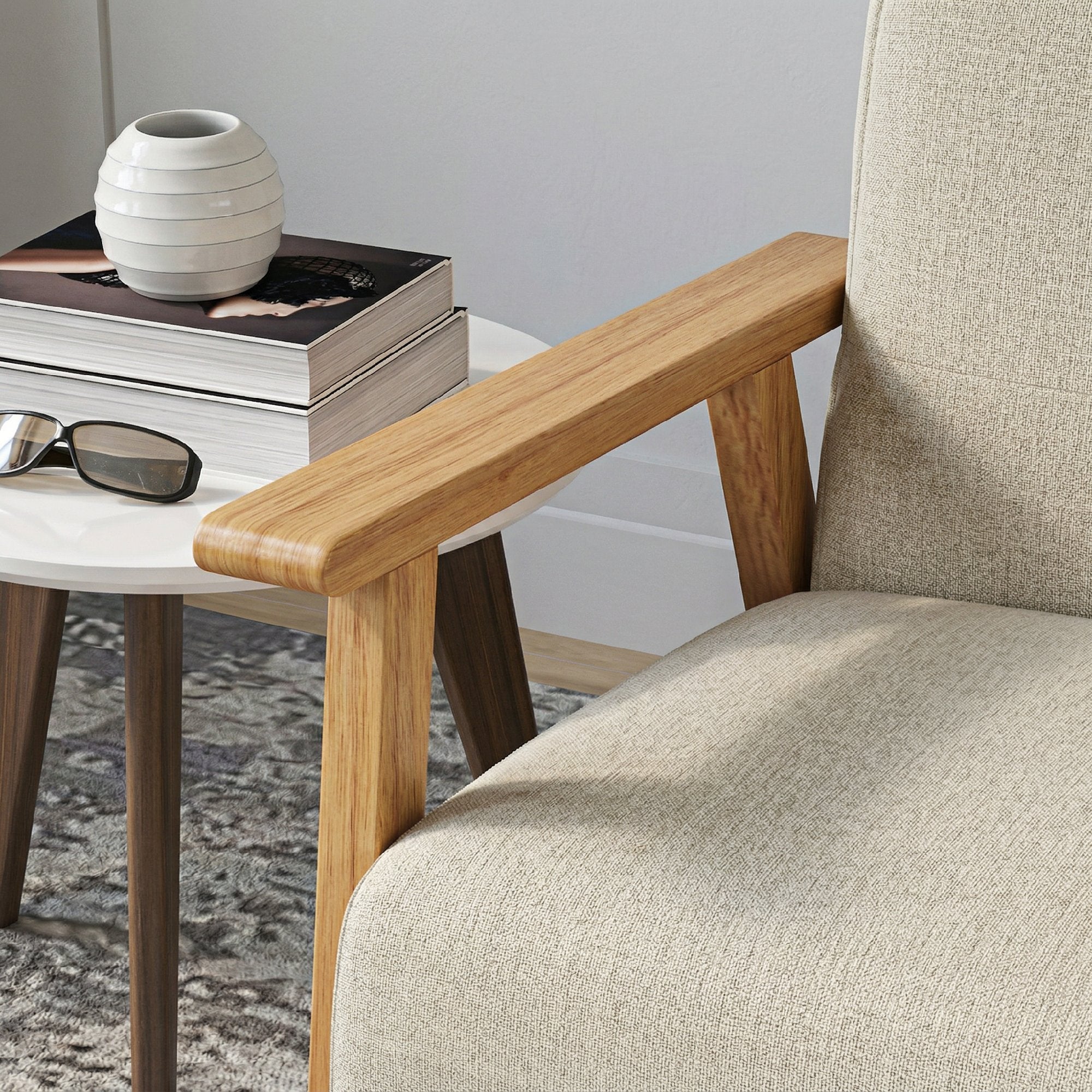 Canapé 3 places 115 cm, canapé scandinave avec dossier capitonné, assise rembourrée et accoudoirs, pieds en bois d'hévéa, pour salon, chambre, petit espace, beige