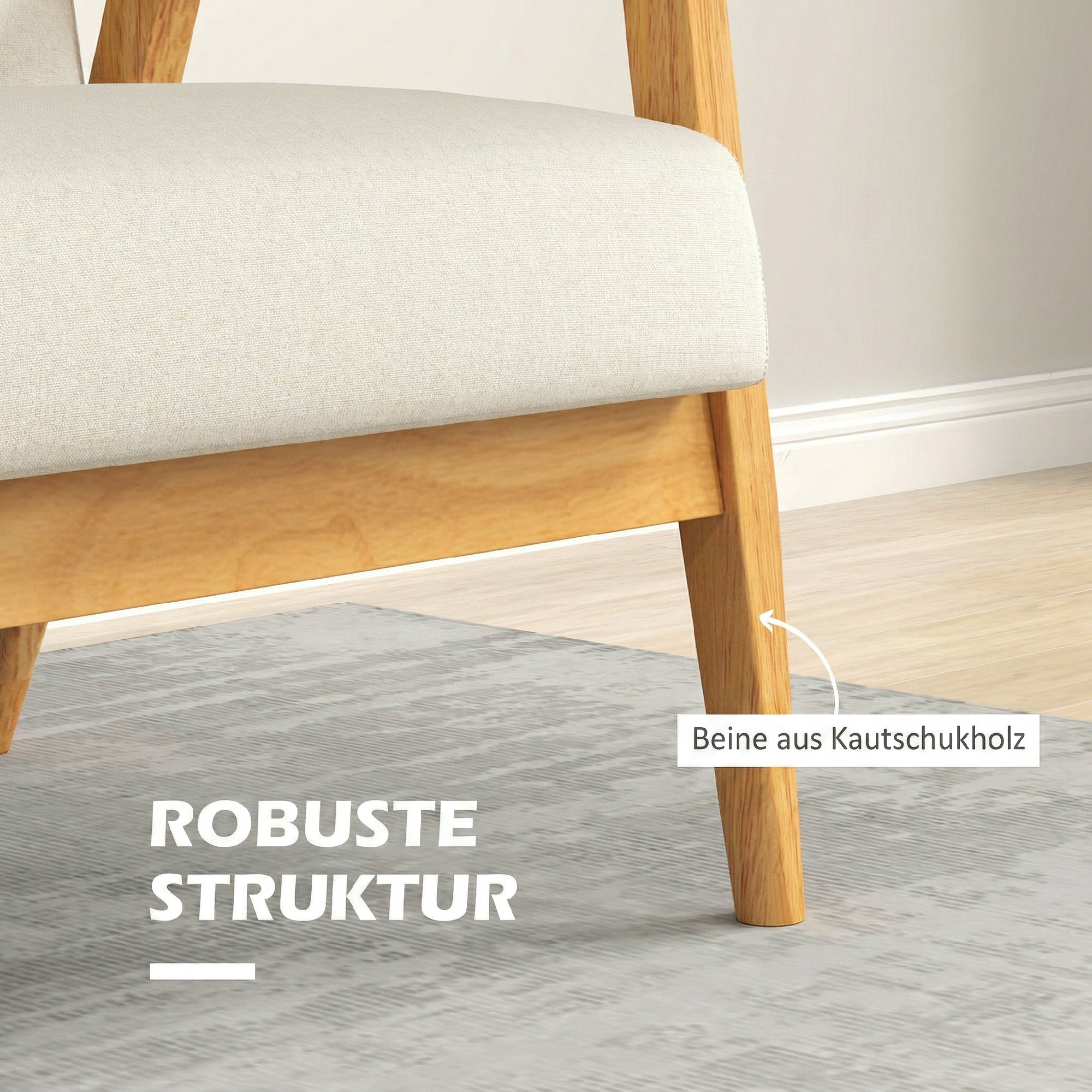 Canapé 3 places 115 cm, canapé scandinave avec dossier capitonné, assise rembourrée et accoudoirs, pieds en bois d'hévéa, pour salon, chambre, petit espace, beige