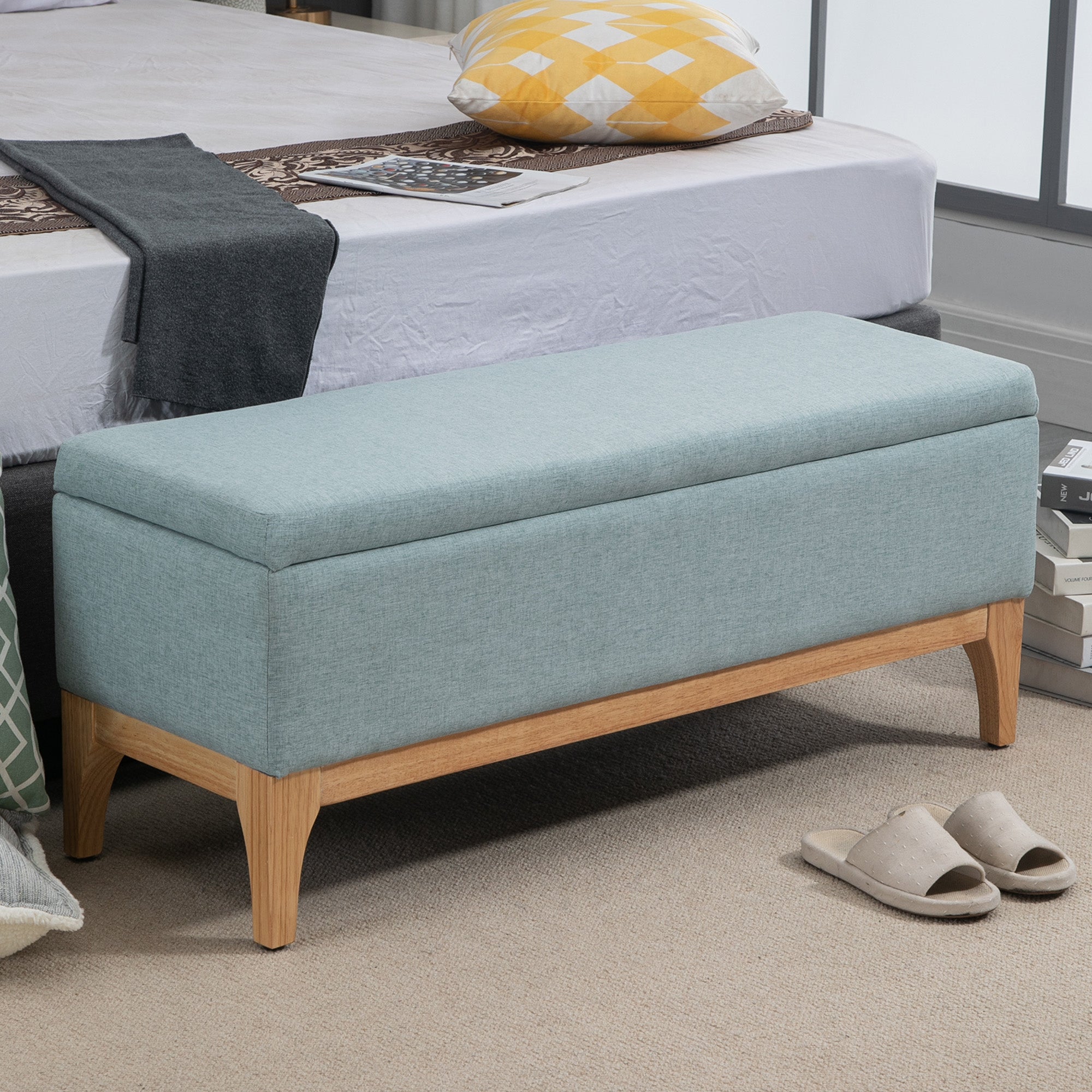 Banc de rangement, coffre de rangement avec couvercle amovible style scandinave, bout de lit en tissu lin, 110 x 39 x 45 cm, vert d'eau