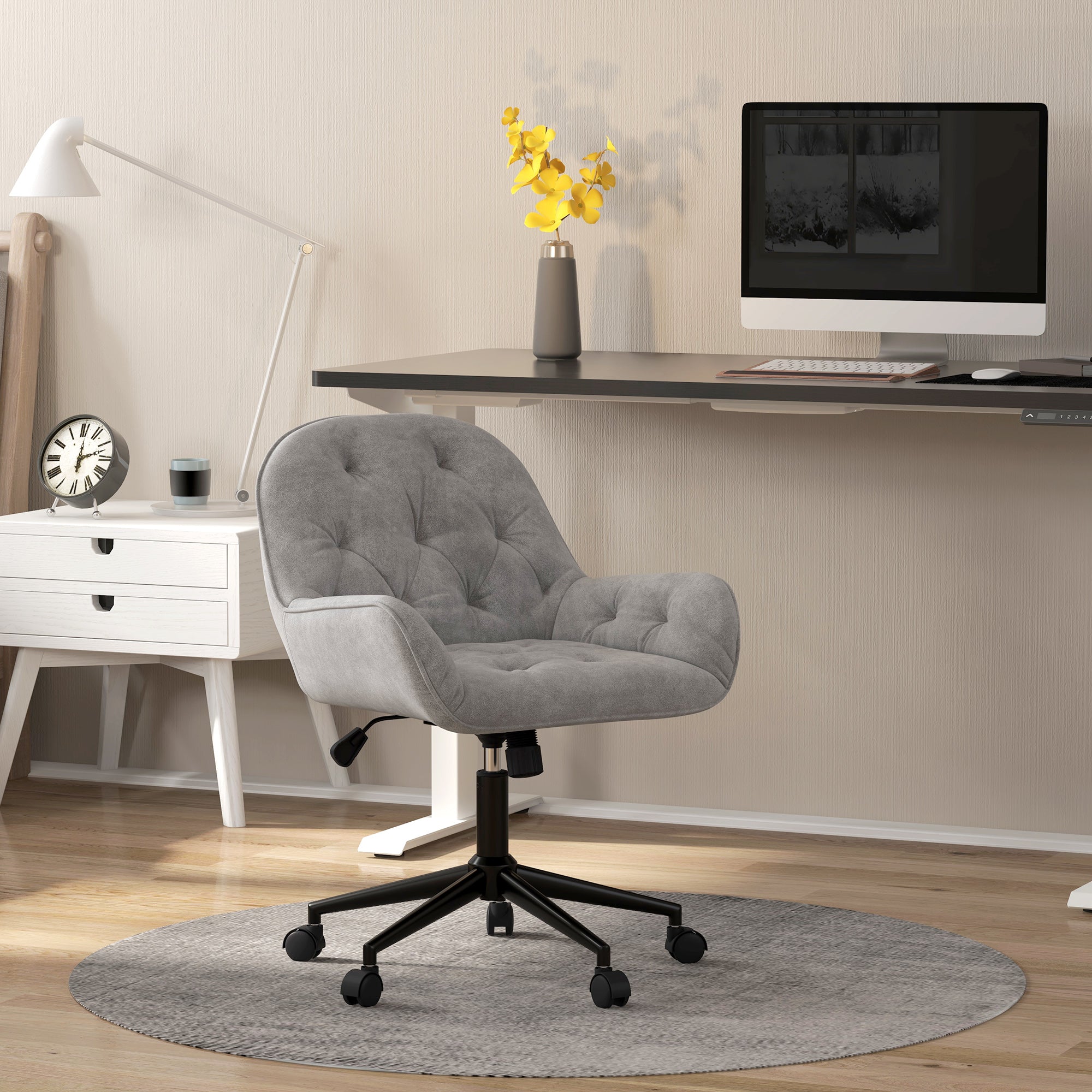 Chaise de bureau, fauteuil de bureau en aspect velours, siège pivotant à 360°, réglable en hauteur, dossier arrondi chaise ergonomique charge 120 kg pour chambre, salon, gris clair