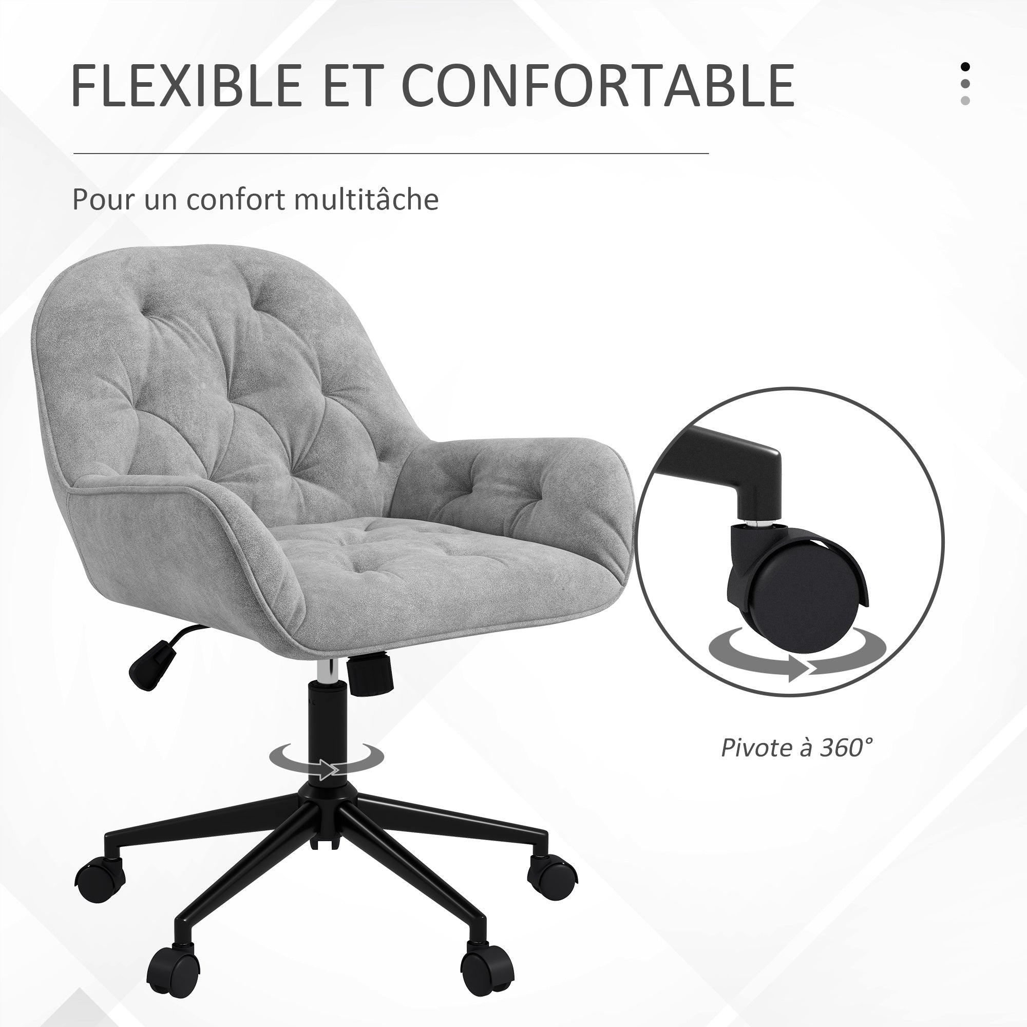 Chaise de bureau, fauteuil de bureau en aspect velours, siège pivotant à 360°, réglable en hauteur, dossier arrondi chaise ergonomique charge 120 kg pour chambre, salon, gris clair