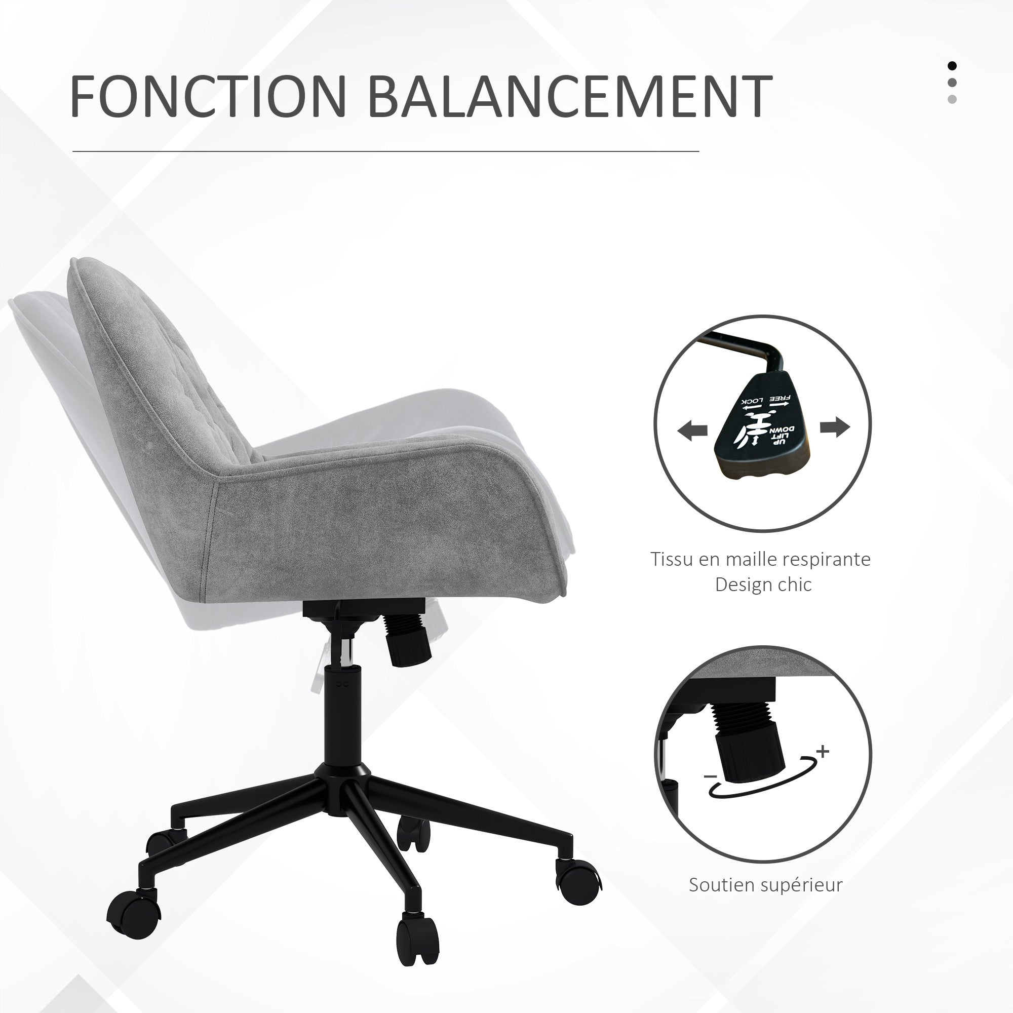 Chaise de bureau, fauteuil de bureau en aspect velours, siège pivotant à 360°, réglable en hauteur, dossier arrondi chaise ergonomique charge 120 kg pour chambre, salon, gris clair