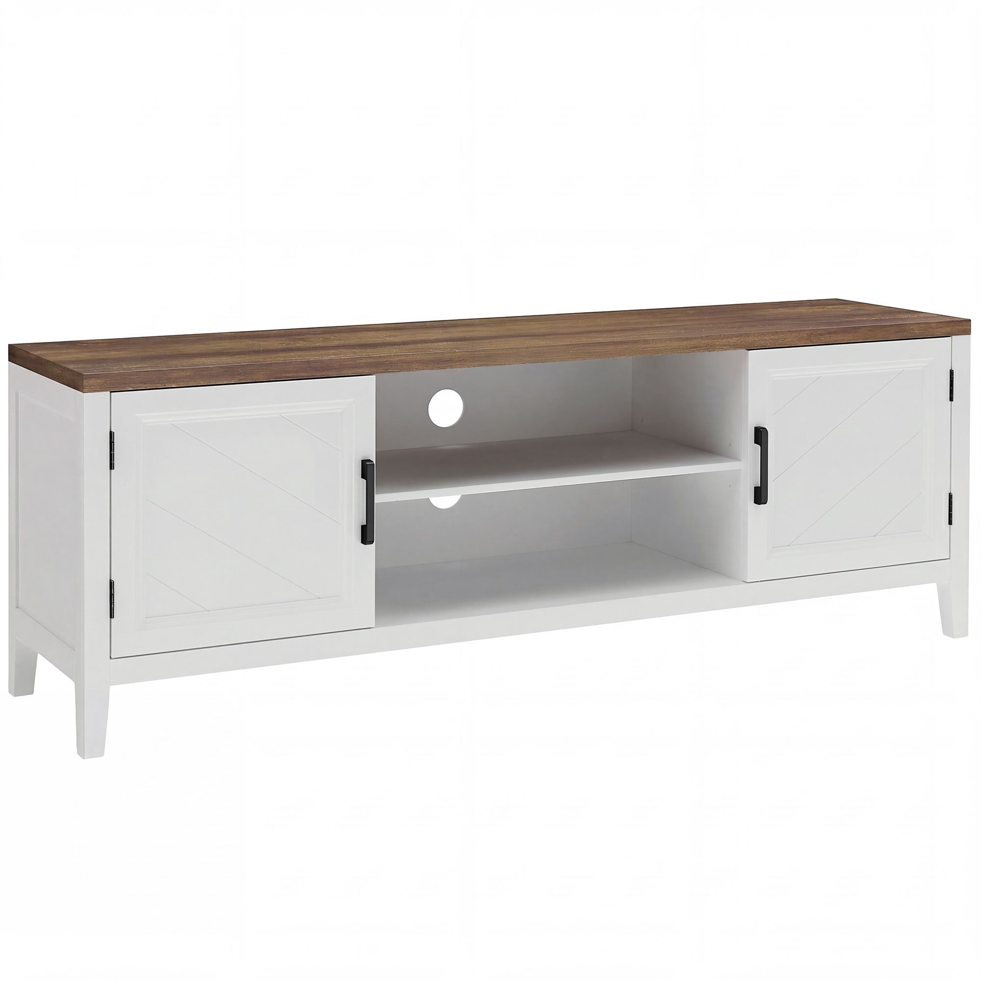 Meuble TV 140 cm, meuble télé pour téléviseur jusqu'à 42 pouces avec 2 portes, 2 compartiments ouverts, style rustique, banc TV pour salon, chambre, blanc et marron