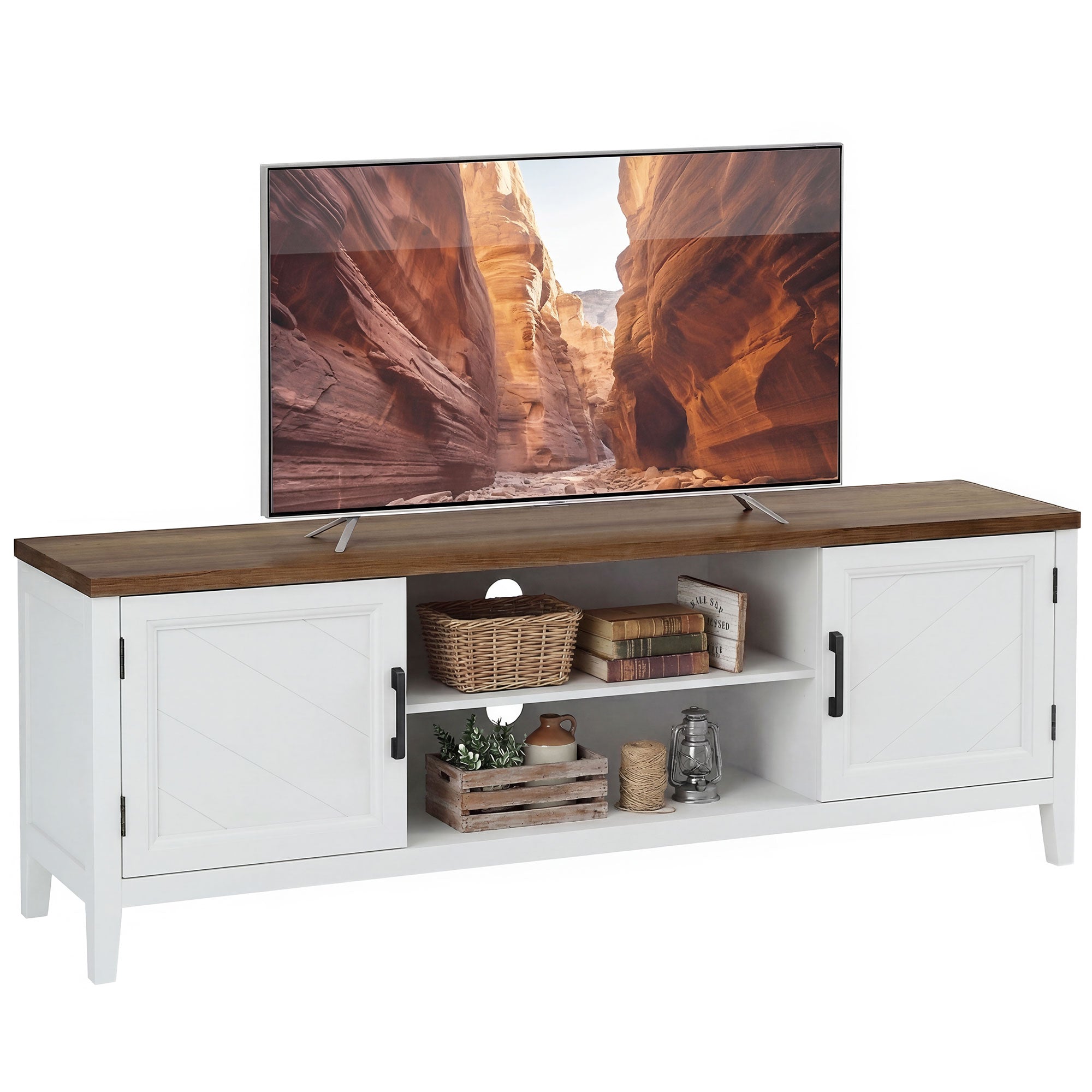 Meuble TV 140 cm, meuble télé pour téléviseur jusqu'à 42 pouces avec 2 portes, 2 compartiments ouverts, style rustique, banc TV pour salon, chambre, blanc et marron