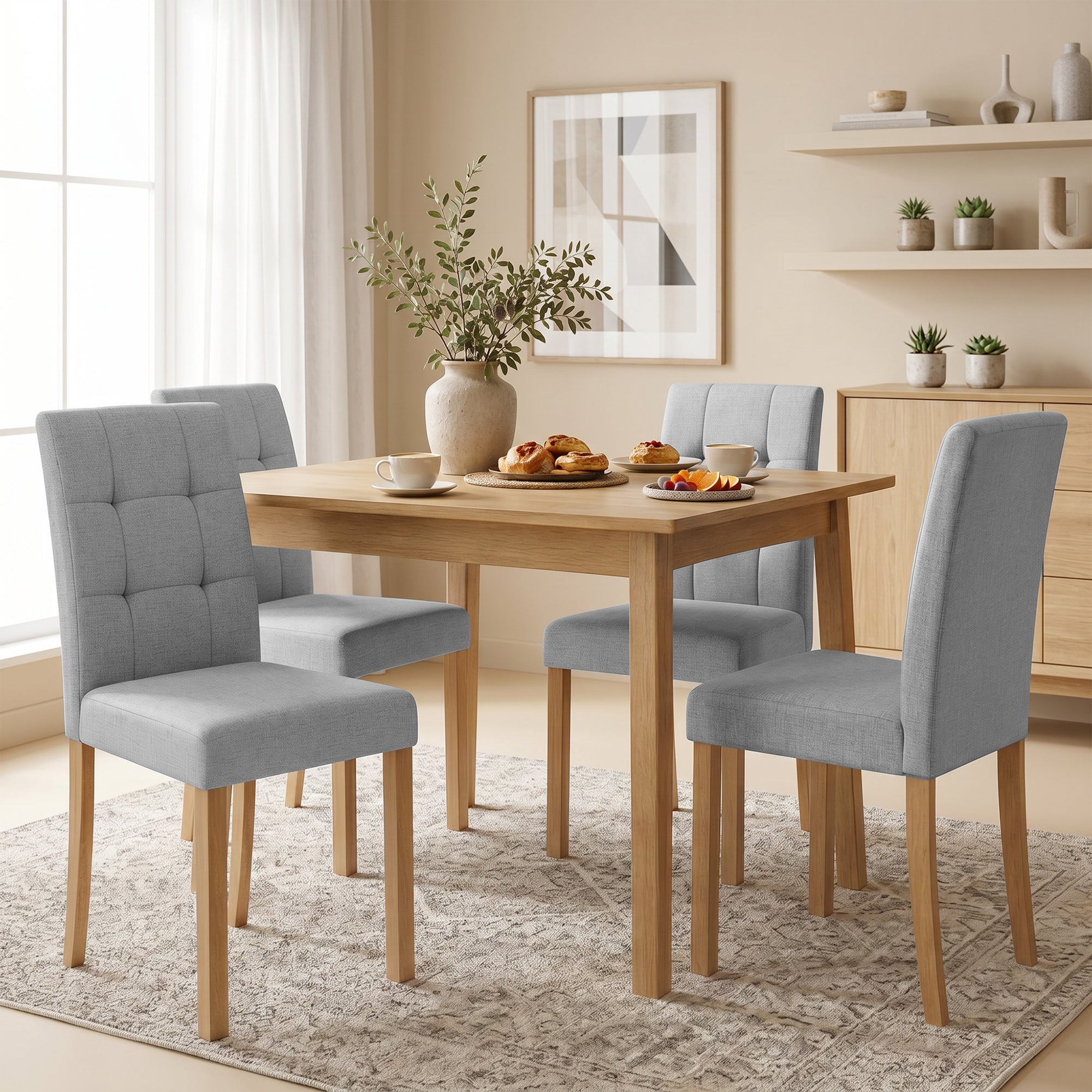 Lot de 2 chaises de salle à manger, chaise de cuisine moderne avec siège rembourré en tissu effet lin et pieds en bois d'hévéa, pour salon, salle à manger, gris clair et naturel