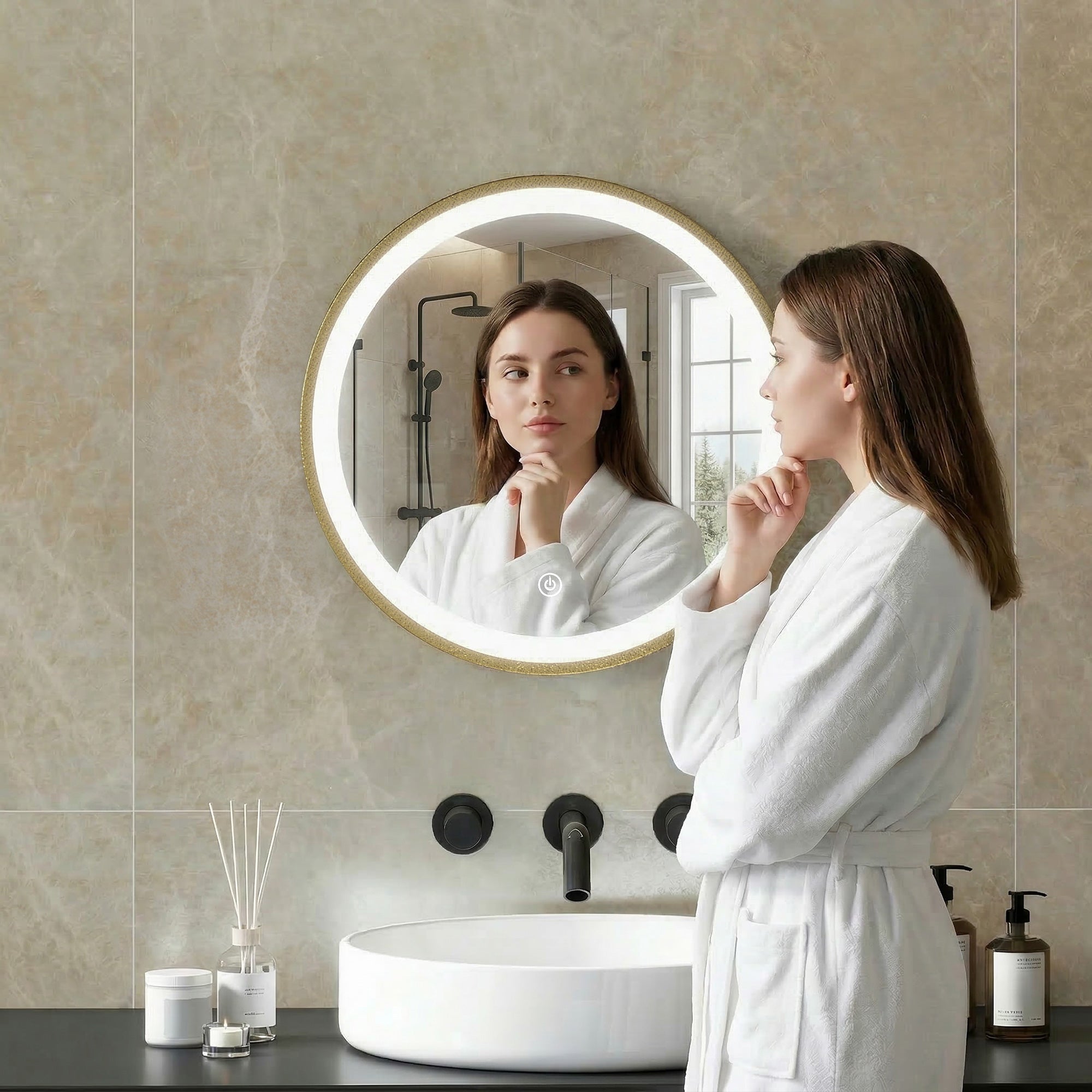 Miroir salle de bain avec éclairage LED rond 40 cm, miroir lumineux mural à 3 températures de couleur, luminosité réglable, interrupteur tactile, doré