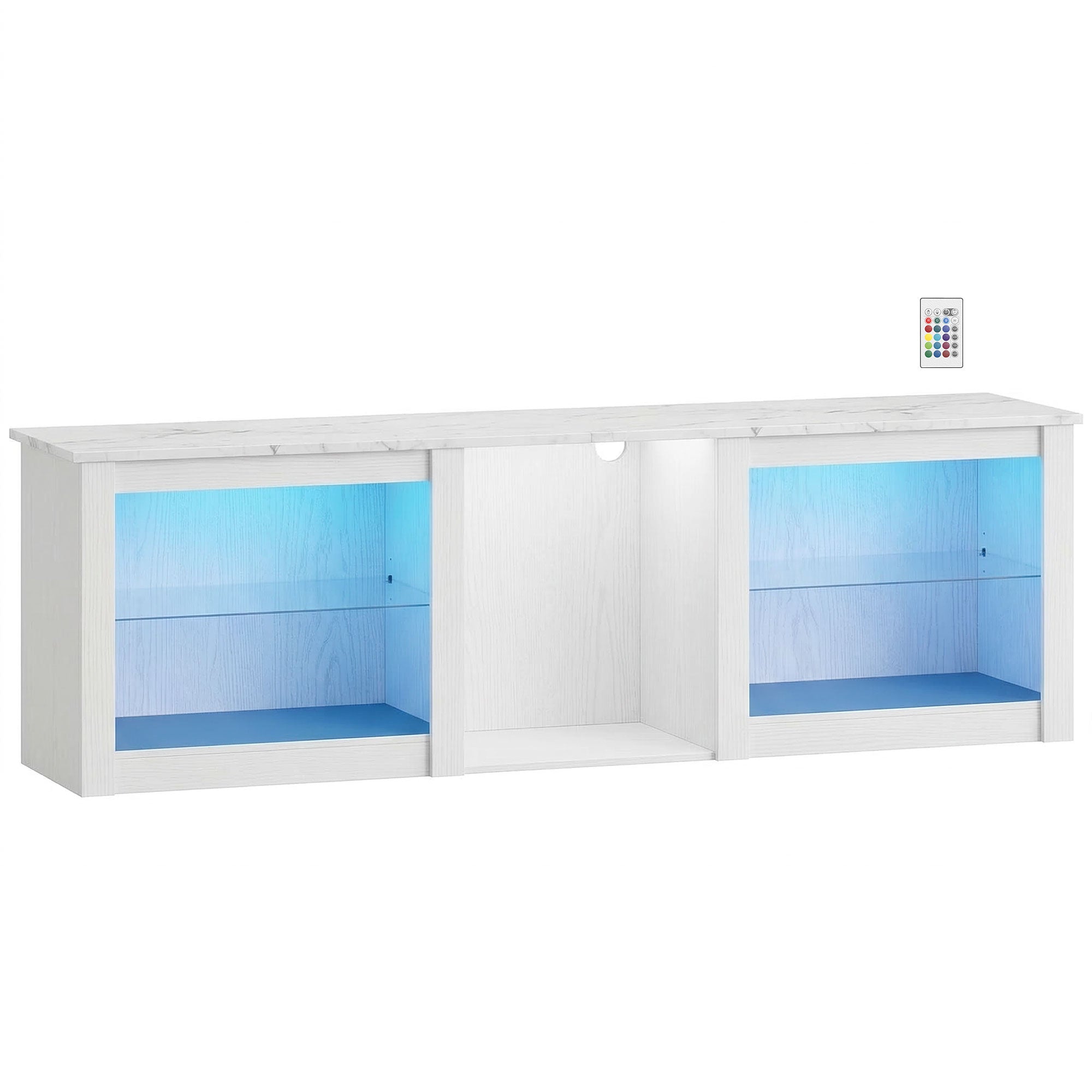 Meuble TV LED RGB meuble télé bois banc TV jusqu'à 70 pouces avec étagères en verre réglables, 5 niches, passe-câbles et télécommande pour salon, chambre à coucher, dim. 160 x 35 x 52 cm, blanc