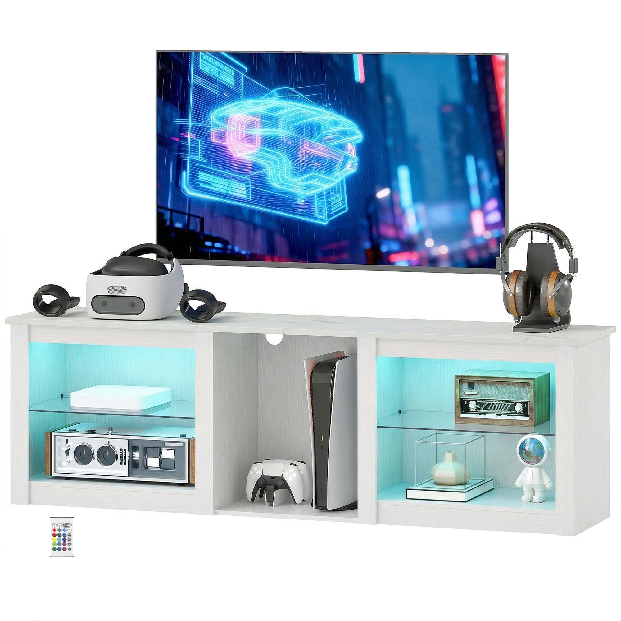 Meuble TV LED RGB meuble télé bois banc TV jusqu'à 70 pouces avec étagères en verre réglables, 5 niches, passe-câbles et télécommande pour salon, chambre à coucher, dim. 160 x 35 x 52 cm, blanc