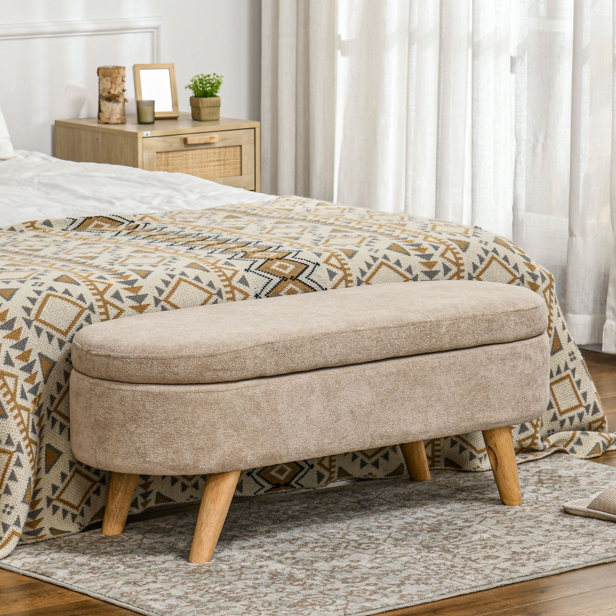 Banc banquette bout de lit coffre de rangement 2 en 1 en tissu avec pieds en bois 110l x 40P x 43H cm cm beige