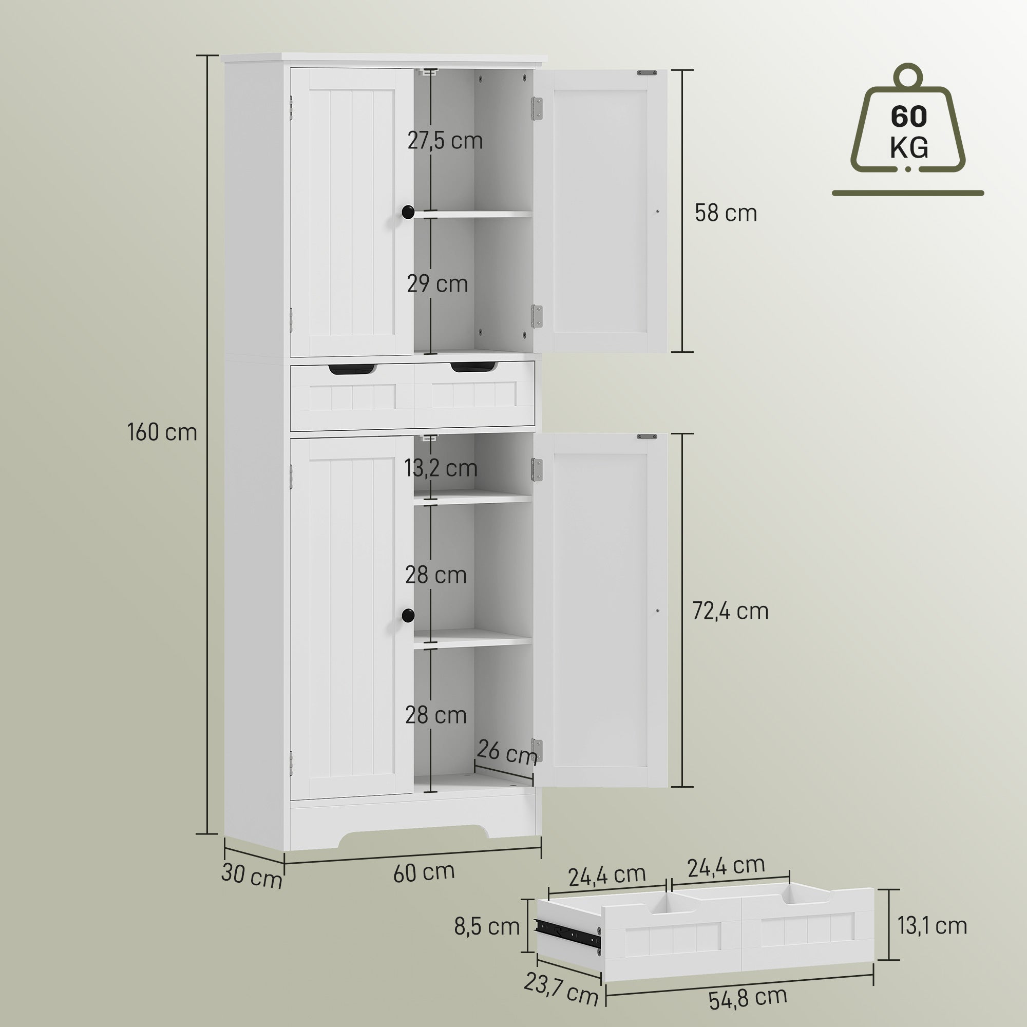 Meuble de salle de bain, meuble de rangement, colonne salle de bain avec tiroir et 4 portes, style moderne, pour salon, chambre, cuisine, 60 x 30 x 160 cm, blanc