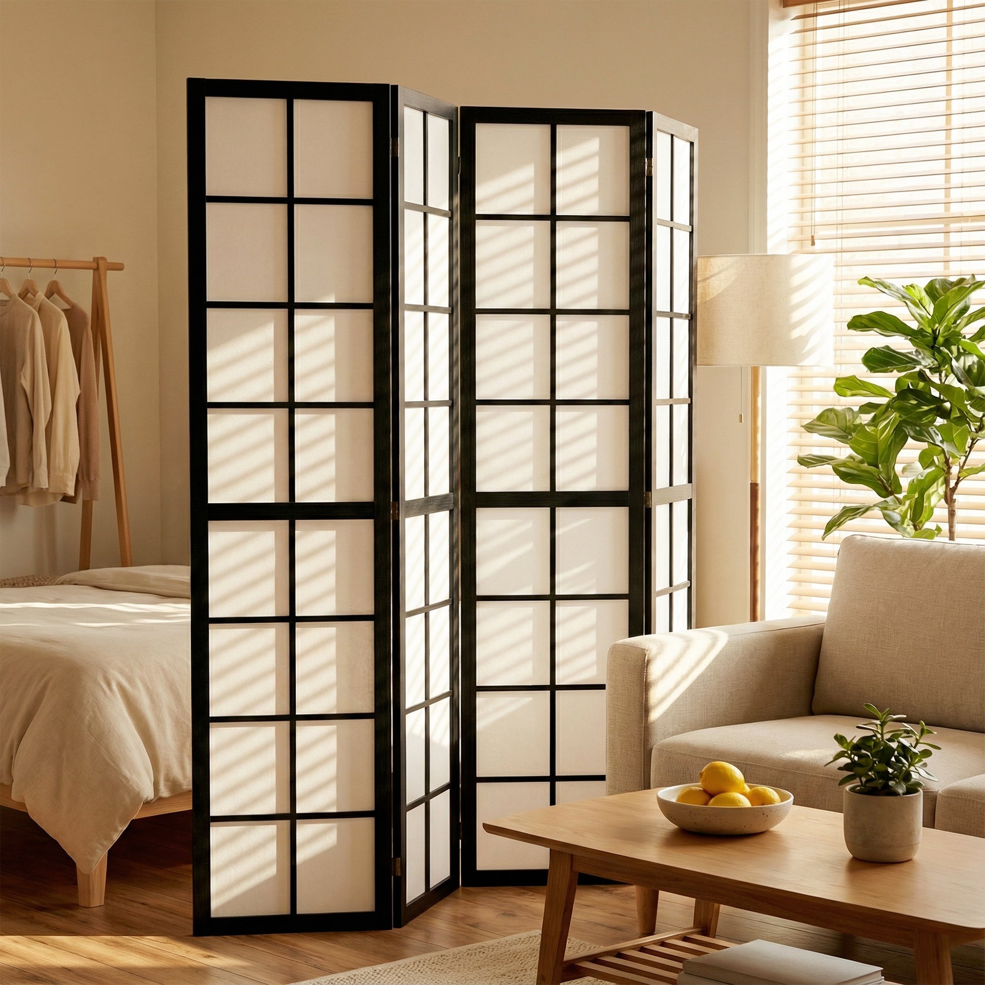 Paravent interieur pliable 4 panneaux 160 x 170 cm séparateur de pièce en bois closion de séparation pour salon chambre à coucher maison, noir
