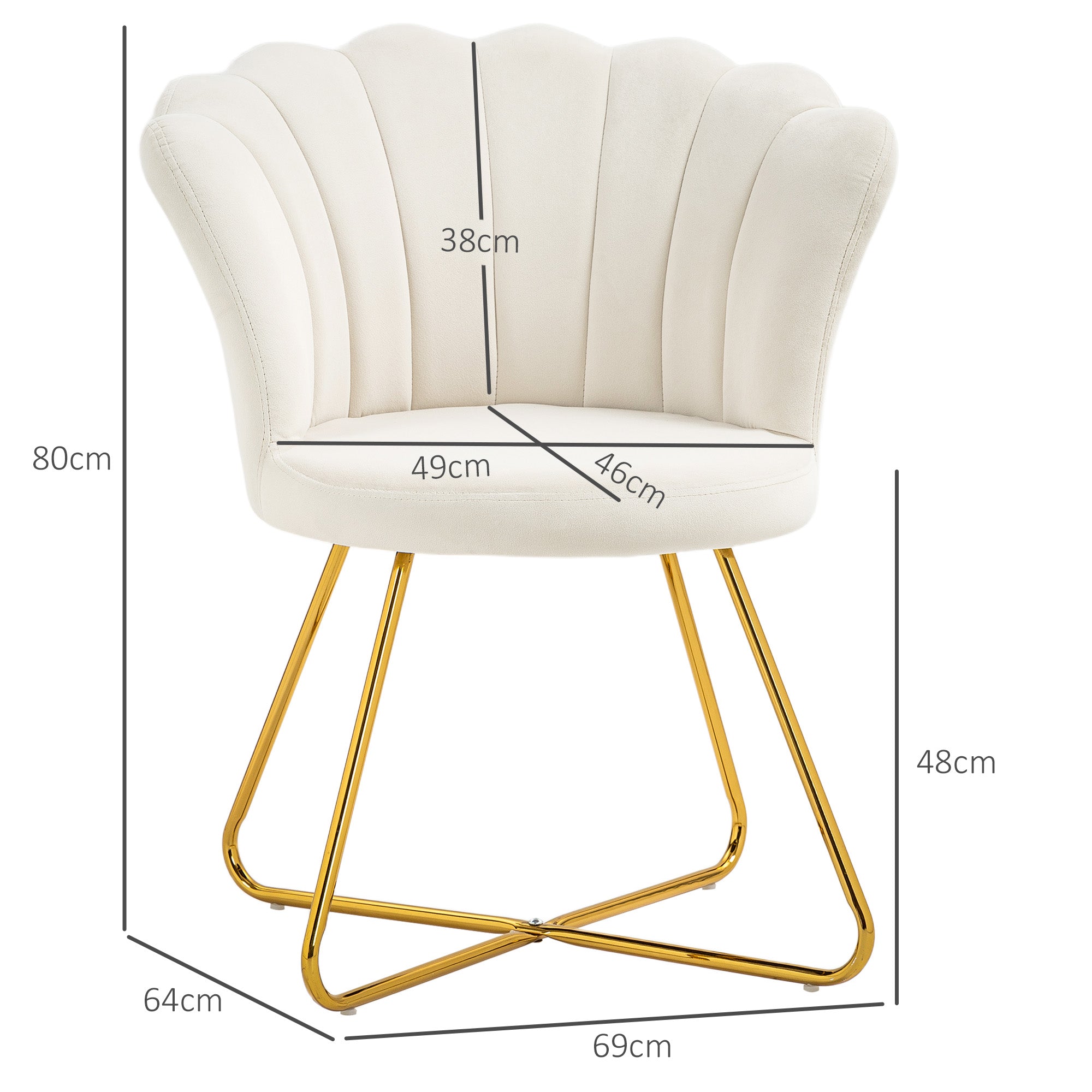 Fauteuil coquillage chaise coiffeuse fauteuil en velours fauteuil de salon avec pieds en acier pour salon et chambre 69 x 64 x 80 cm crème