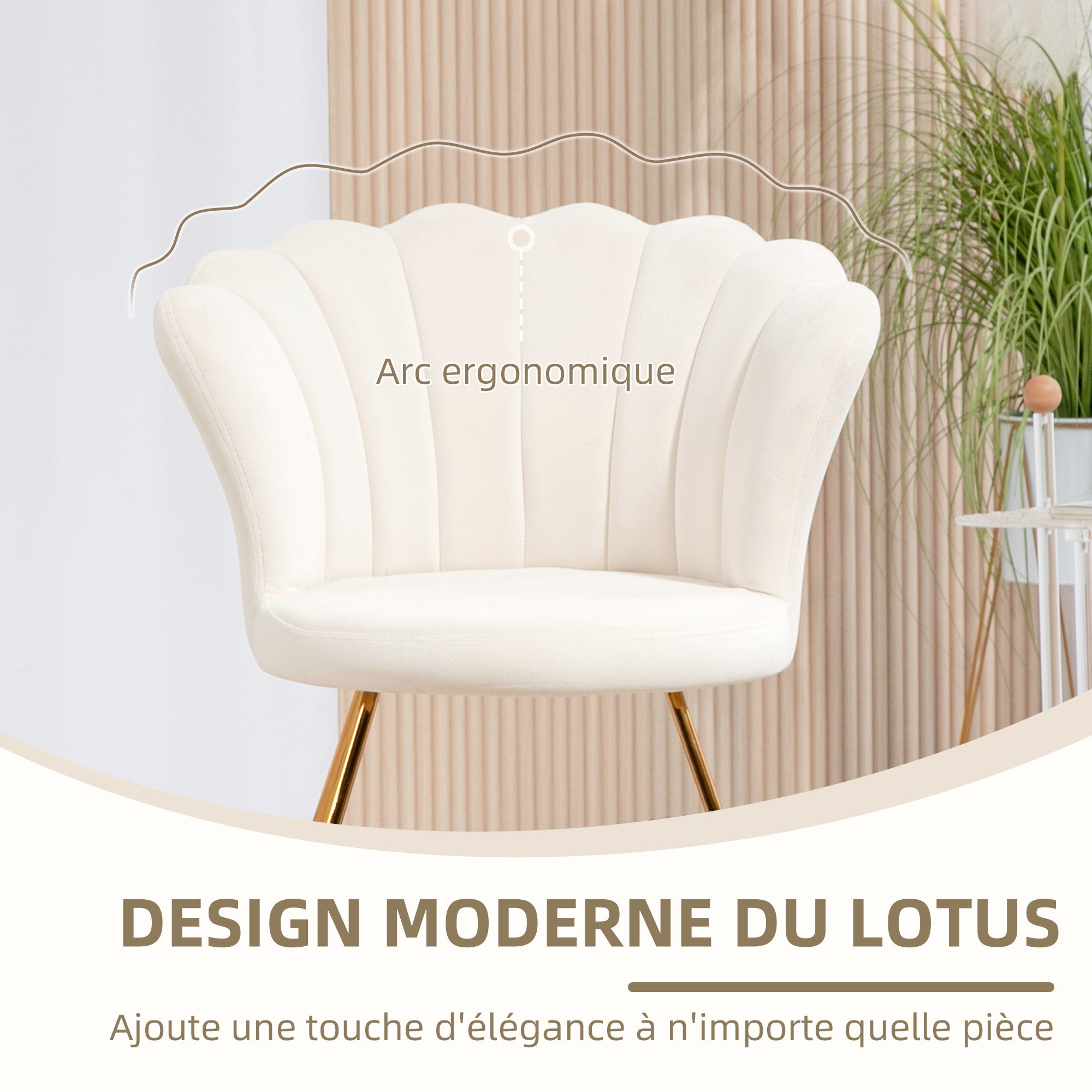 Fauteuil coquillage chaise coiffeuse fauteuil en velours fauteuil de salon avec pieds en acier pour salon et chambre 69 x 64 x 80 cm crème