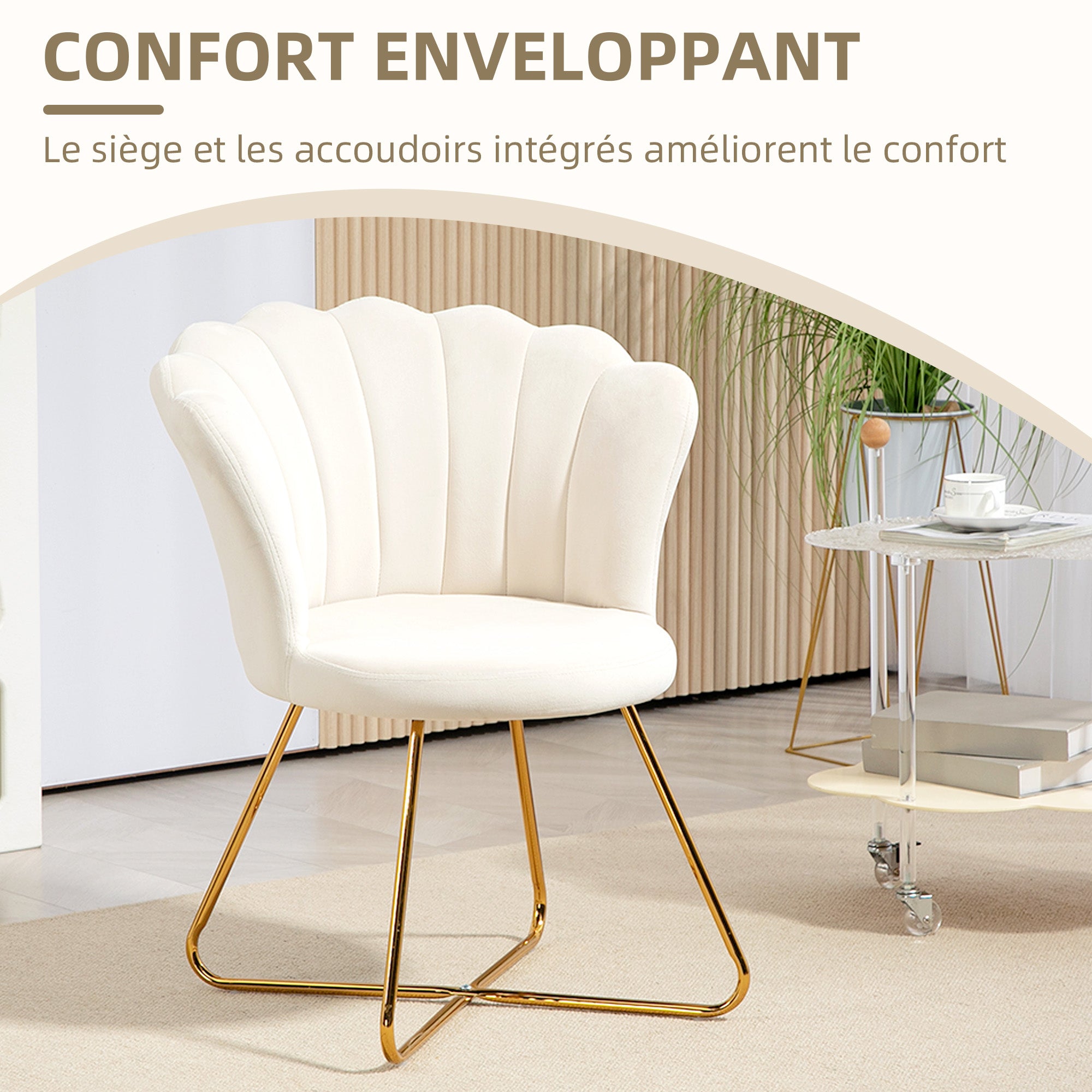 Fauteuil coquillage chaise coiffeuse fauteuil en velours fauteuil de salon avec pieds en acier pour salon et chambre 69 x 64 x 80 cm crème