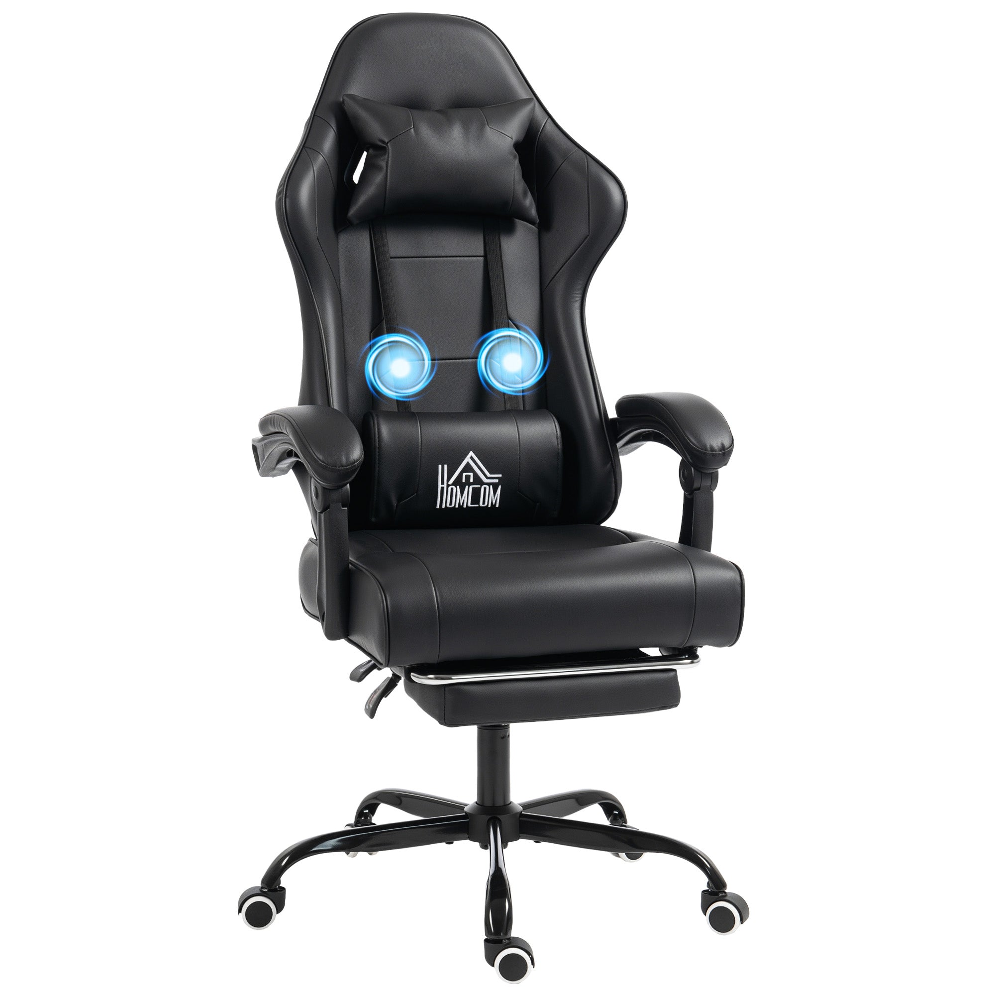 Chaise gaming ergonomique, fauteuil gamer avec support lombaire massant, dossier inclinable, hauteur réglable, repose-pieds, appui-tête, 63 x 66 x 126-134 cm, noir