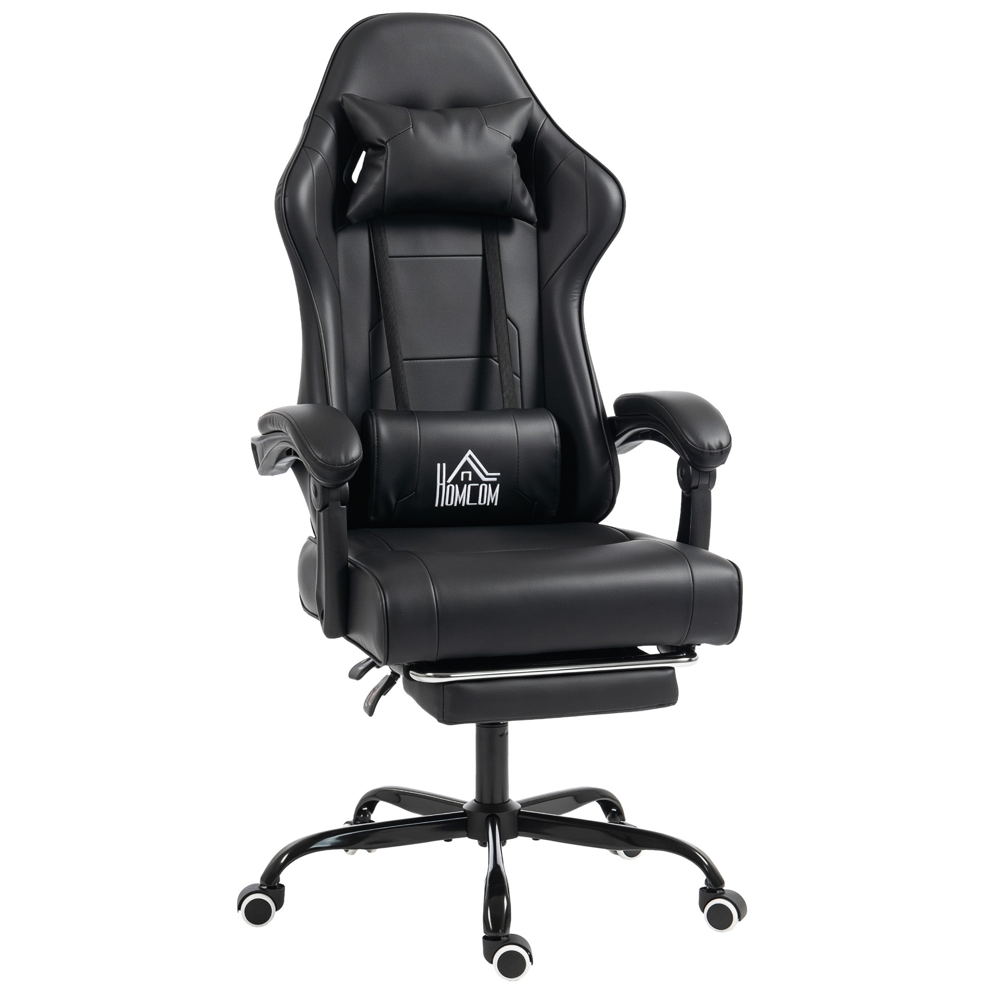 Chaise gaming ergonomique, fauteuil gamer avec support lombaire massant, dossier inclinable, hauteur réglable, repose-pieds, appui-tête, 63 x 66 x 126-134 cm, noir