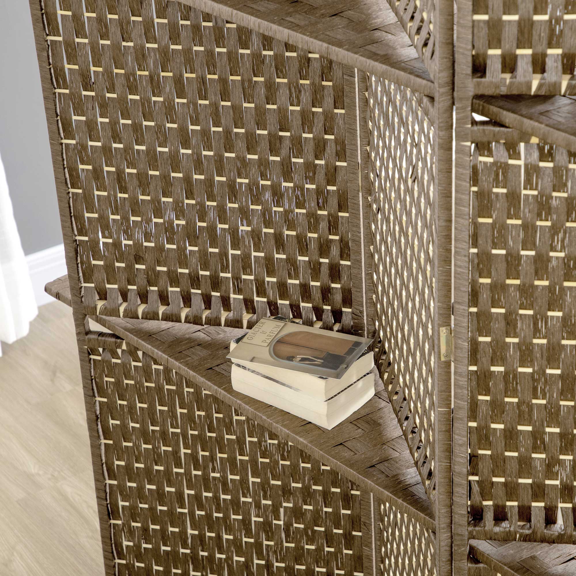 Paravent intérieur 4 panneaux 181L x 180H cm 2 étagères pliables séparateur de pièce bois de pin bambou fibres de papier tressée marron