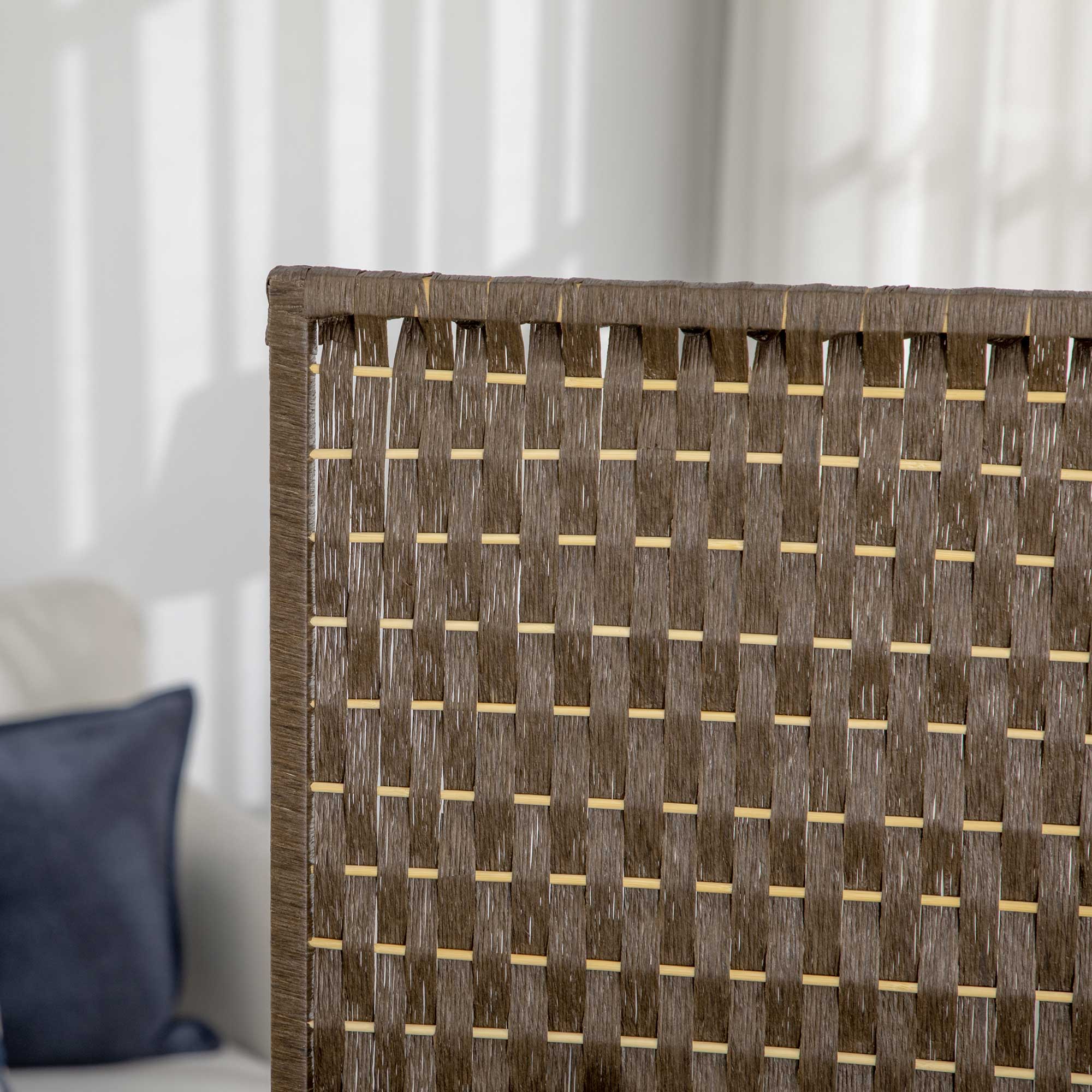 Paravent intérieur 4 panneaux 181L x 180H cm 2 étagères pliables séparateur de pièce bois de pin bambou fibres de papier tressée marron