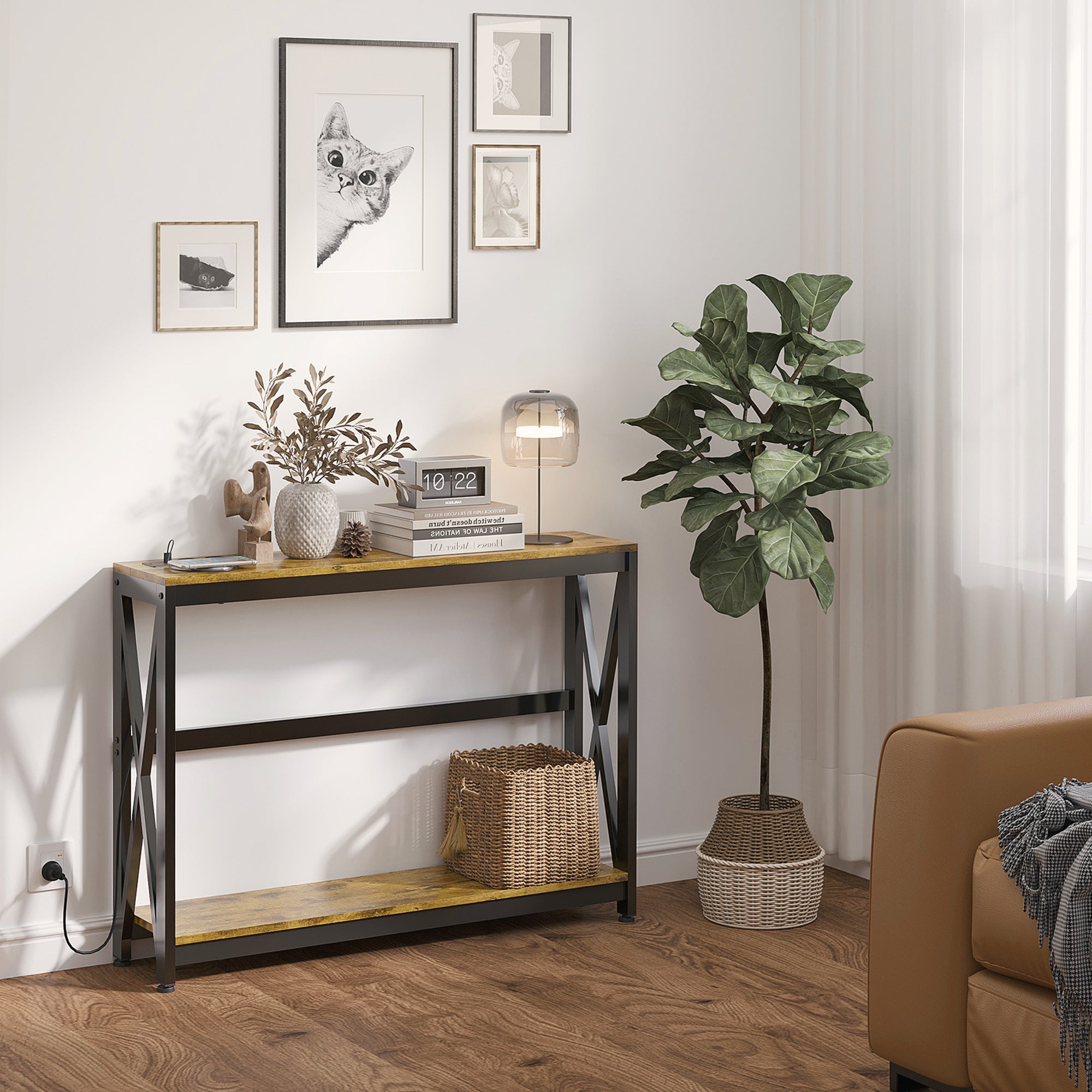 Table console avec multiprise, table de canapé avec 2 étagères, table d'entrée étroite pour salon, chambre, couloir, 100 x 24 x 75 cm, style industriel, marron rustique et noir