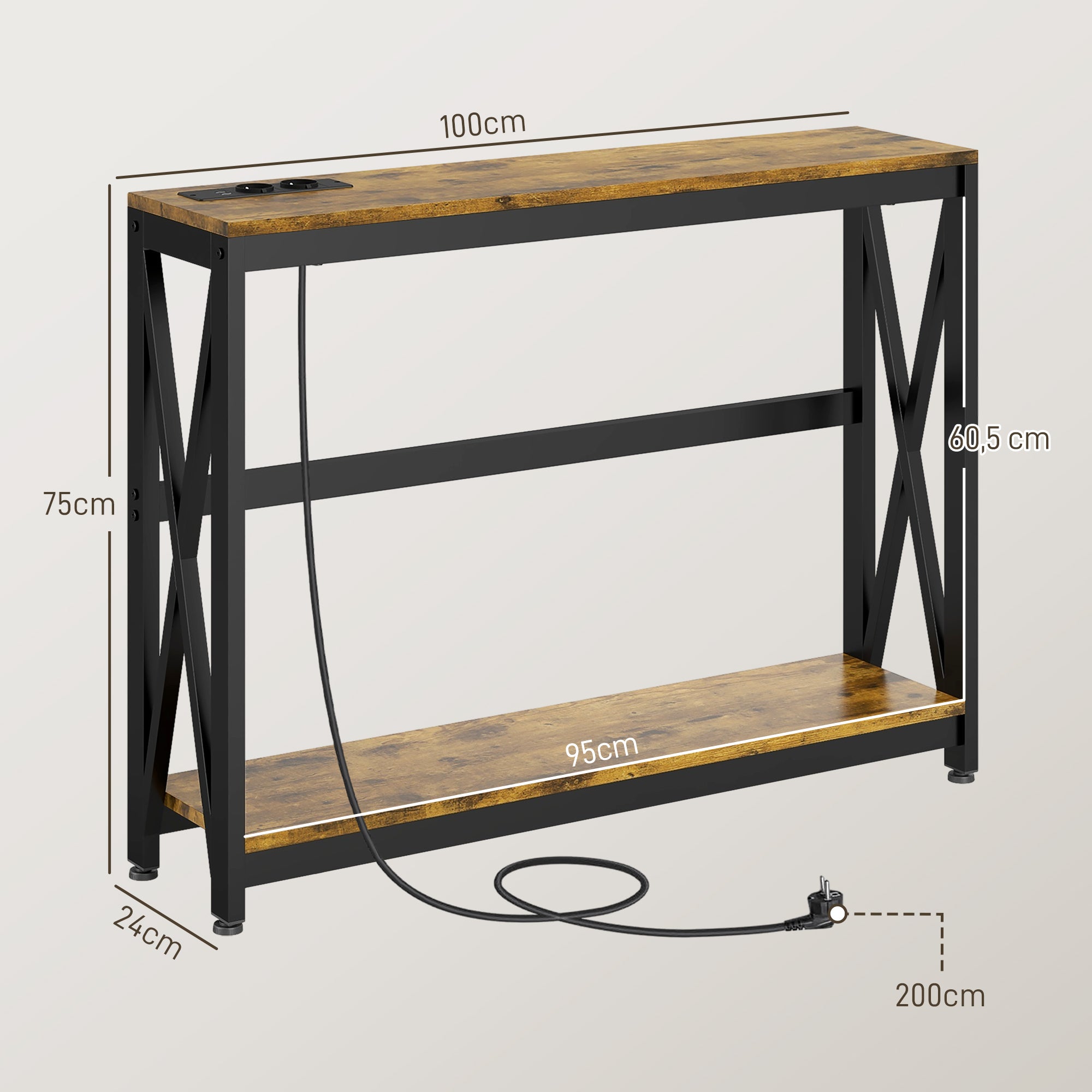 Table console avec multiprise, table de canapé avec 2 étagères, table d'entrée étroite pour salon, chambre, couloir, 100 x 24 x 75 cm, style industriel, marron rustique et noir