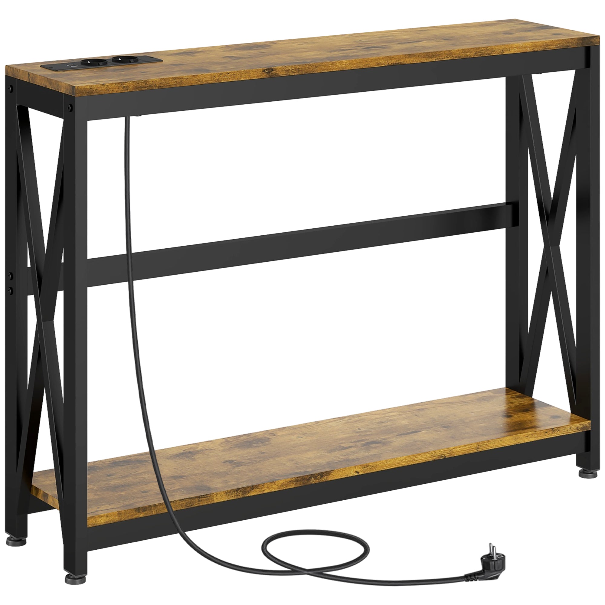 Table console avec multiprise, table de canapé avec 2 étagères, table d'entrée étroite pour salon, chambre, couloir, 100 x 24 x 75 cm, style industriel, marron rustique et noir