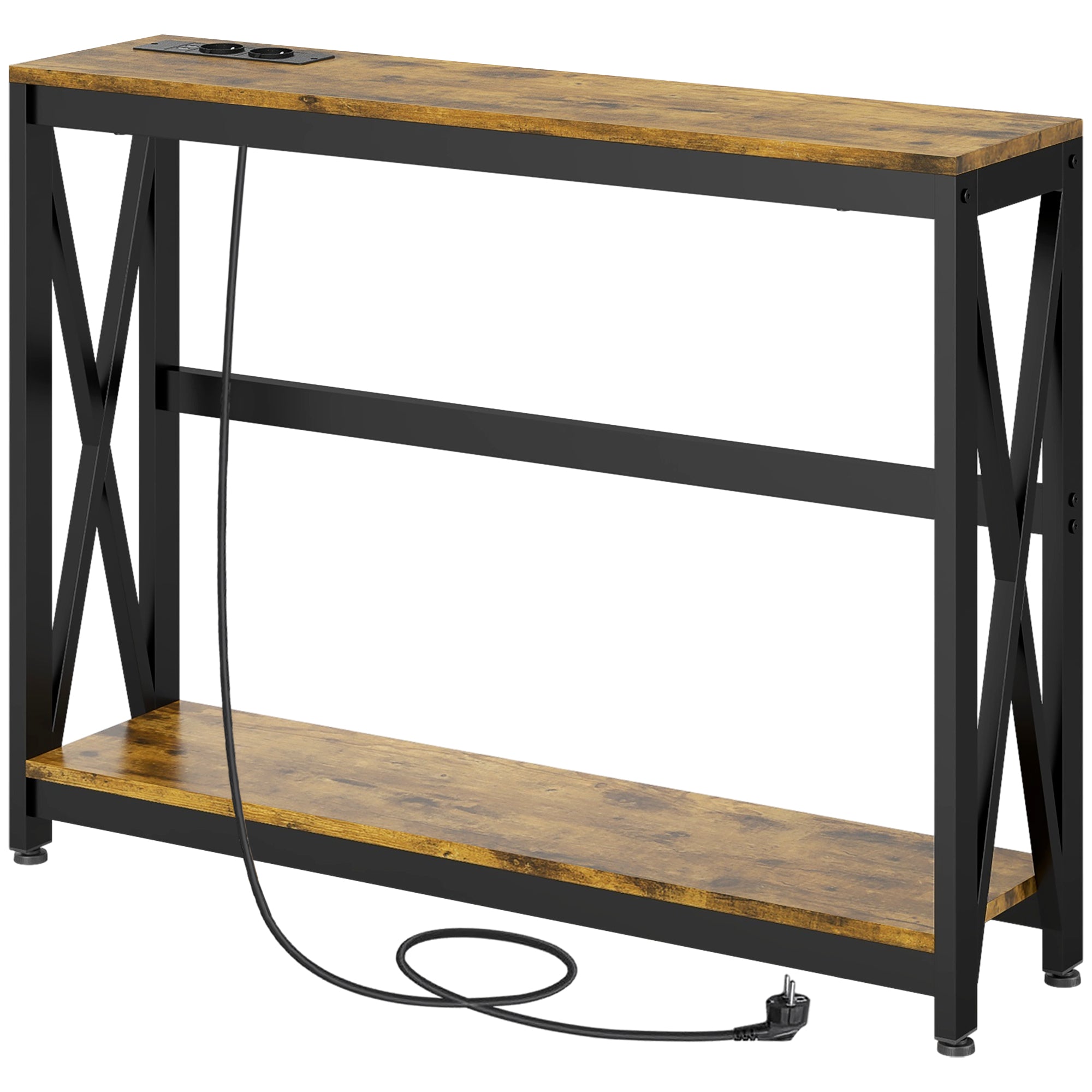 Table console avec multiprise, table de canapé avec 2 étagères, table d'entrée étroite pour salon, chambre, couloir, 100 x 24 x 75 cm, style industriel, marron rustique et noir
