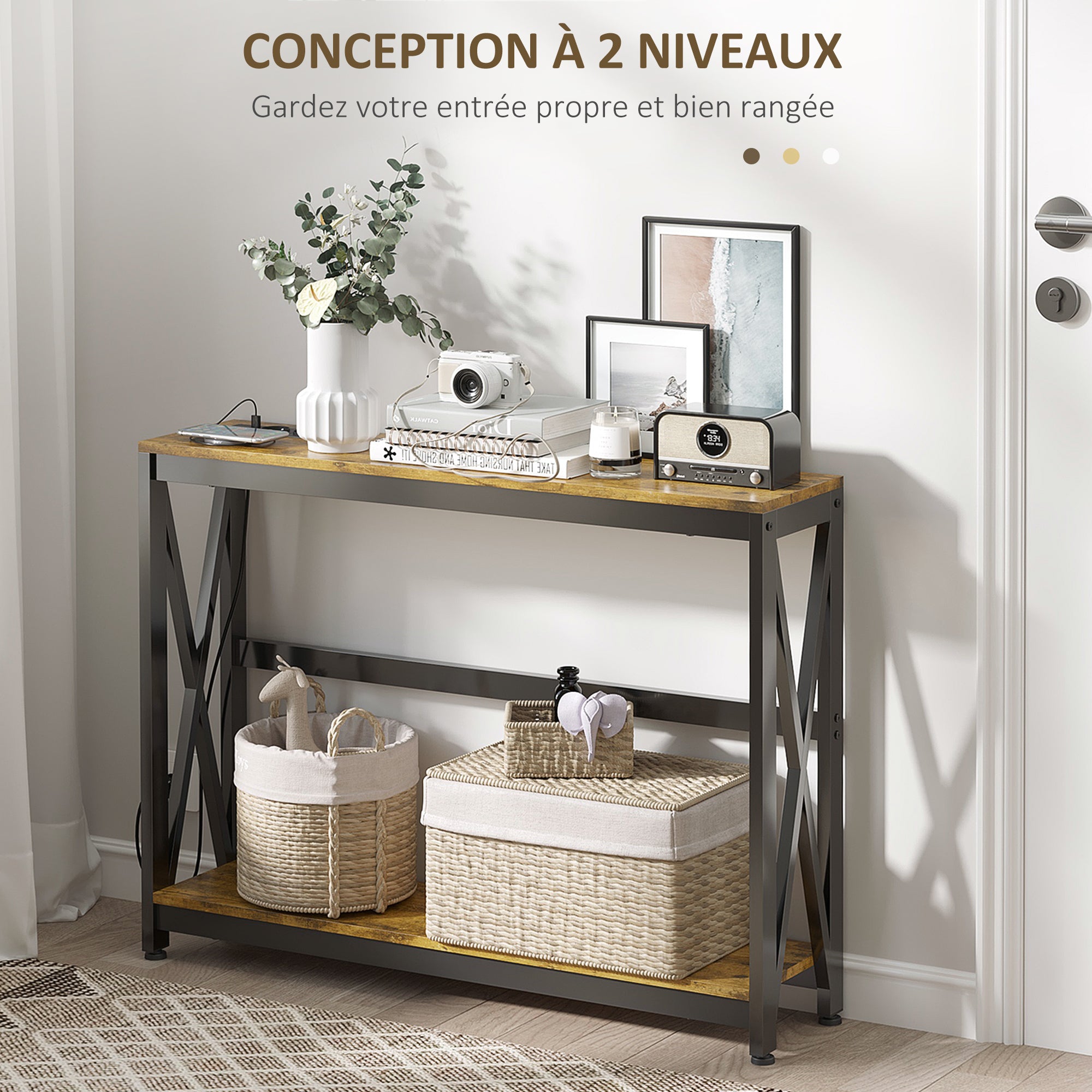 Table console avec multiprise, table de canapé avec 2 étagères, table d'entrée étroite pour salon, chambre, couloir, 100 x 24 x 75 cm, style industriel, marron rustique et noir