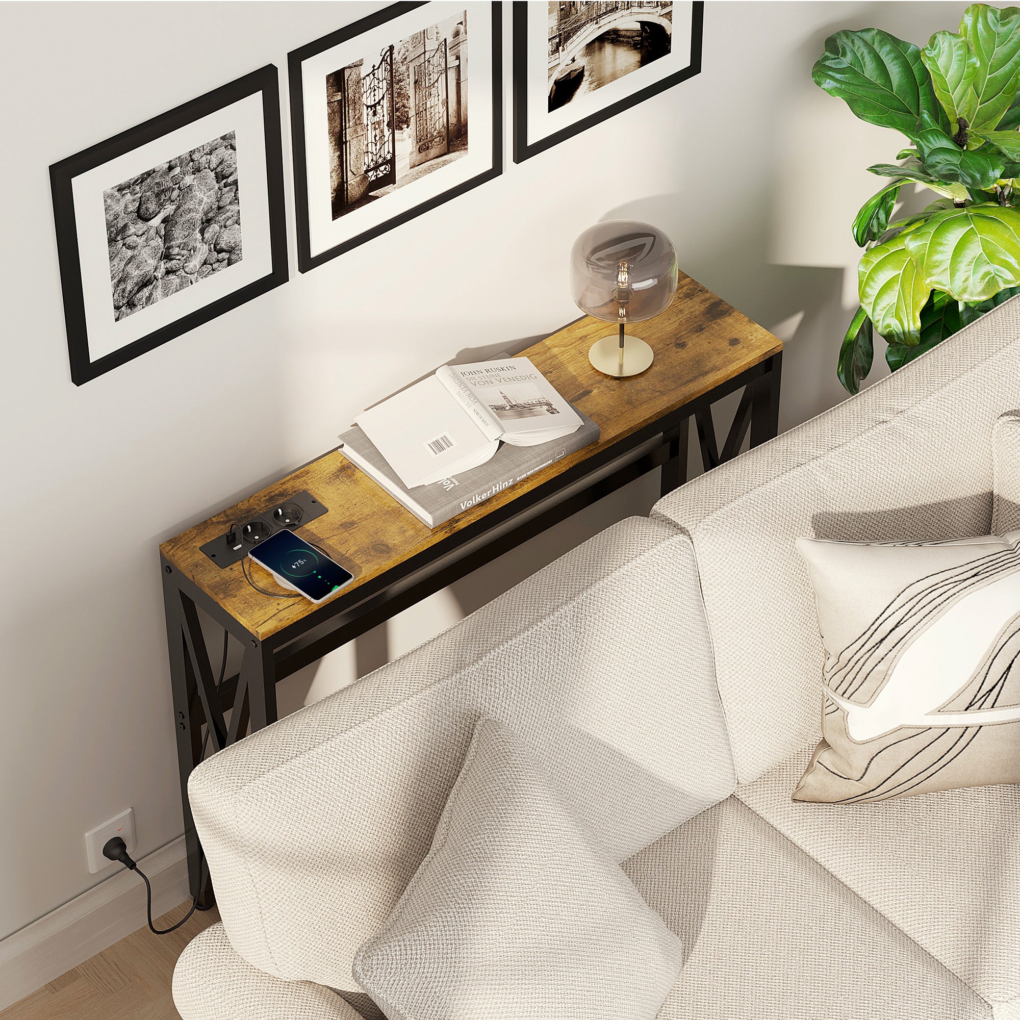 Table console avec multiprise, table de canapé avec 2 étagères, table d'entrée étroite pour salon, chambre, couloir, 100 x 24 x 75 cm, style industriel, marron rustique et noir