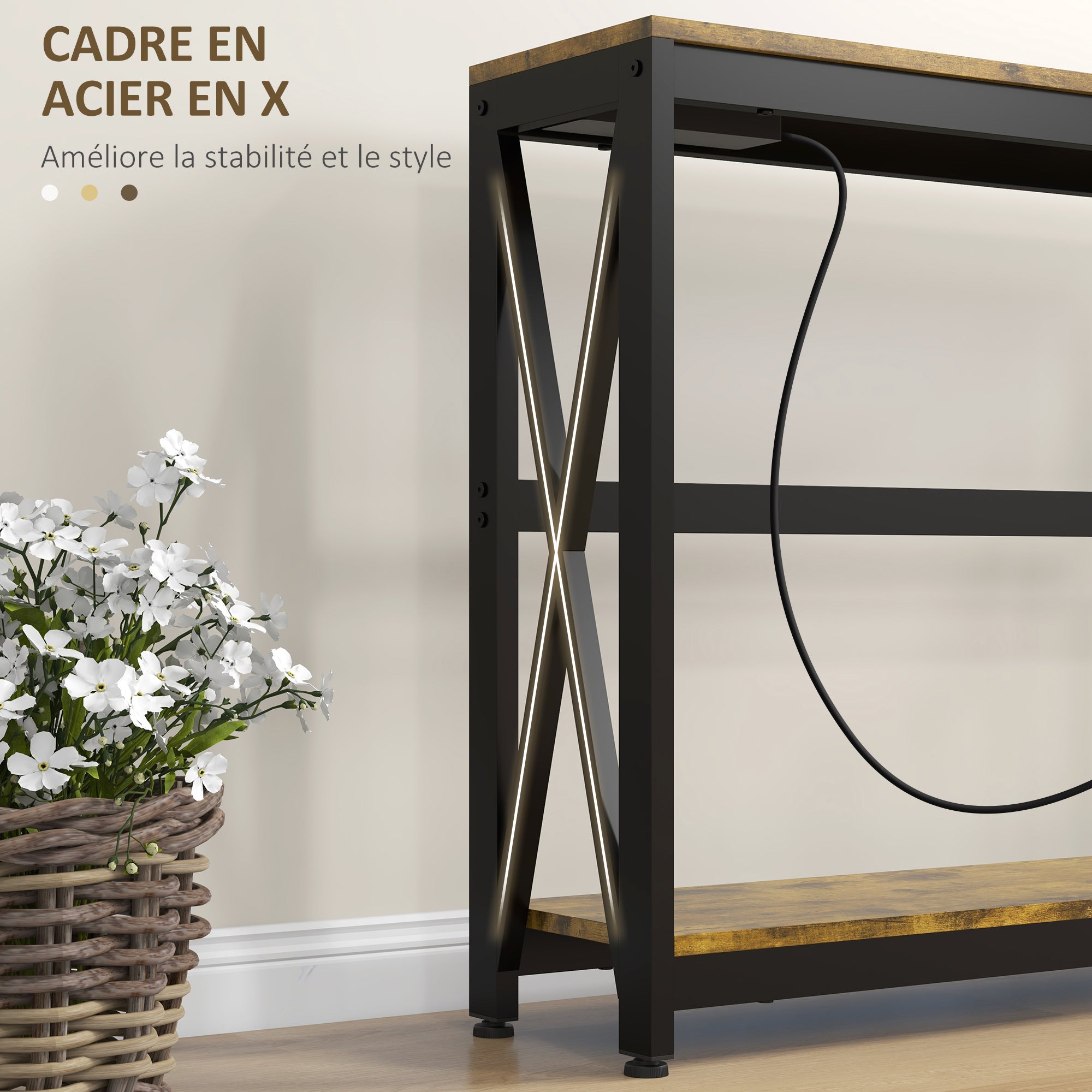 Table console avec multiprise, table de canapé avec 2 étagères, table d'entrée étroite pour salon, chambre, couloir, 100 x 24 x 75 cm, style industriel, marron rustique et noir