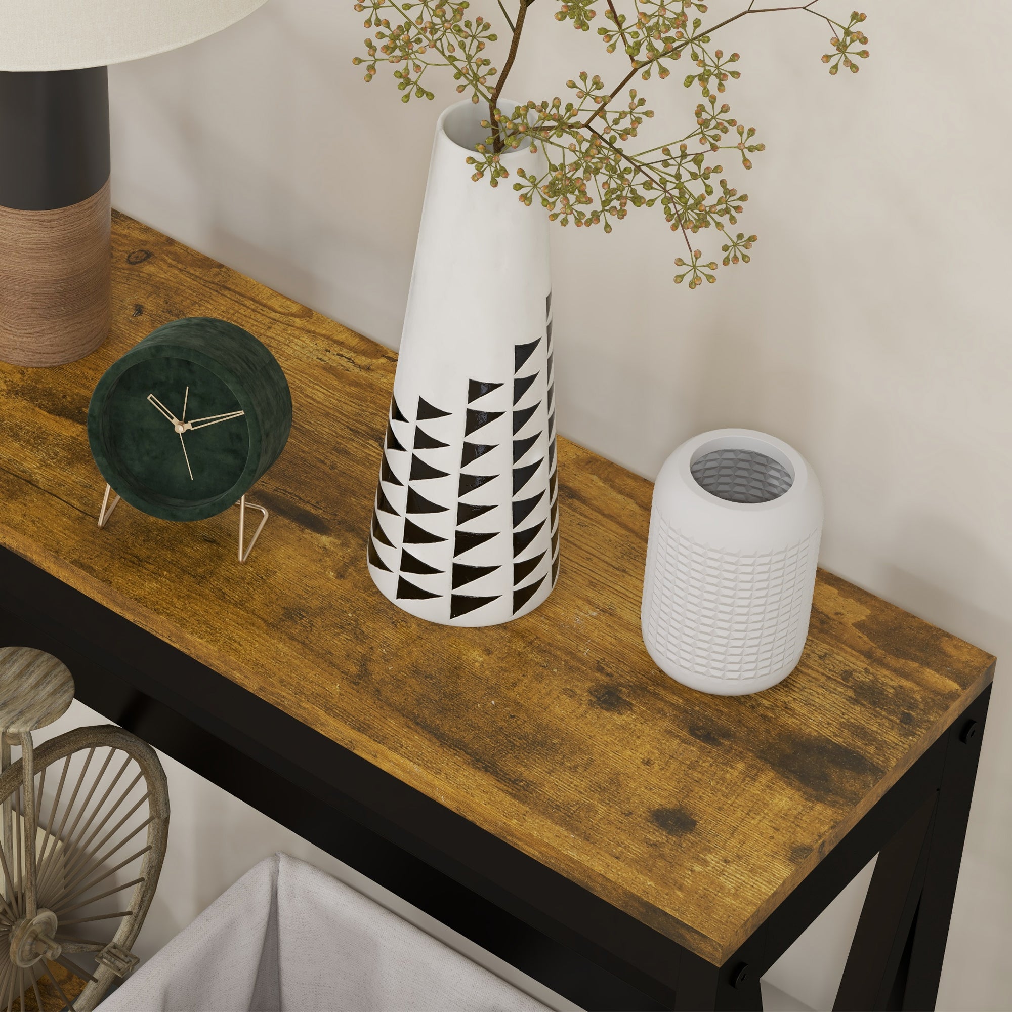 Table console avec multiprise, table de canapé avec 2 étagères, table d'entrée étroite pour salon, chambre, couloir, 100 x 24 x 75 cm, style industriel, marron rustique et noir