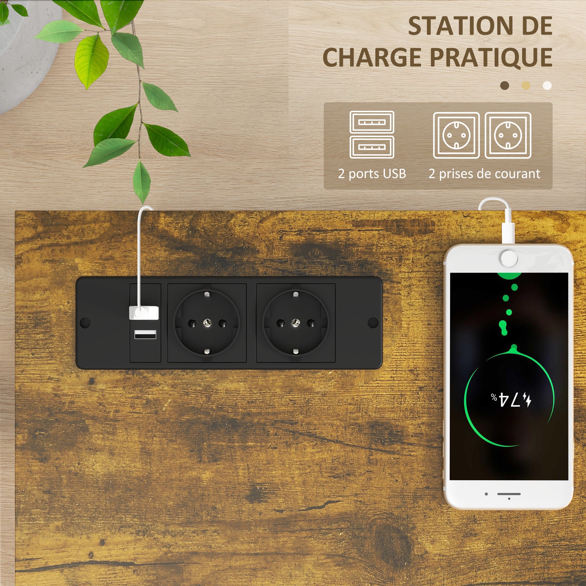 Table console avec multiprise, table de canapé avec 2 étagères, table d'entrée étroite pour salon, chambre, couloir, 100 x 24 x 75 cm, style industriel, marron rustique et noir