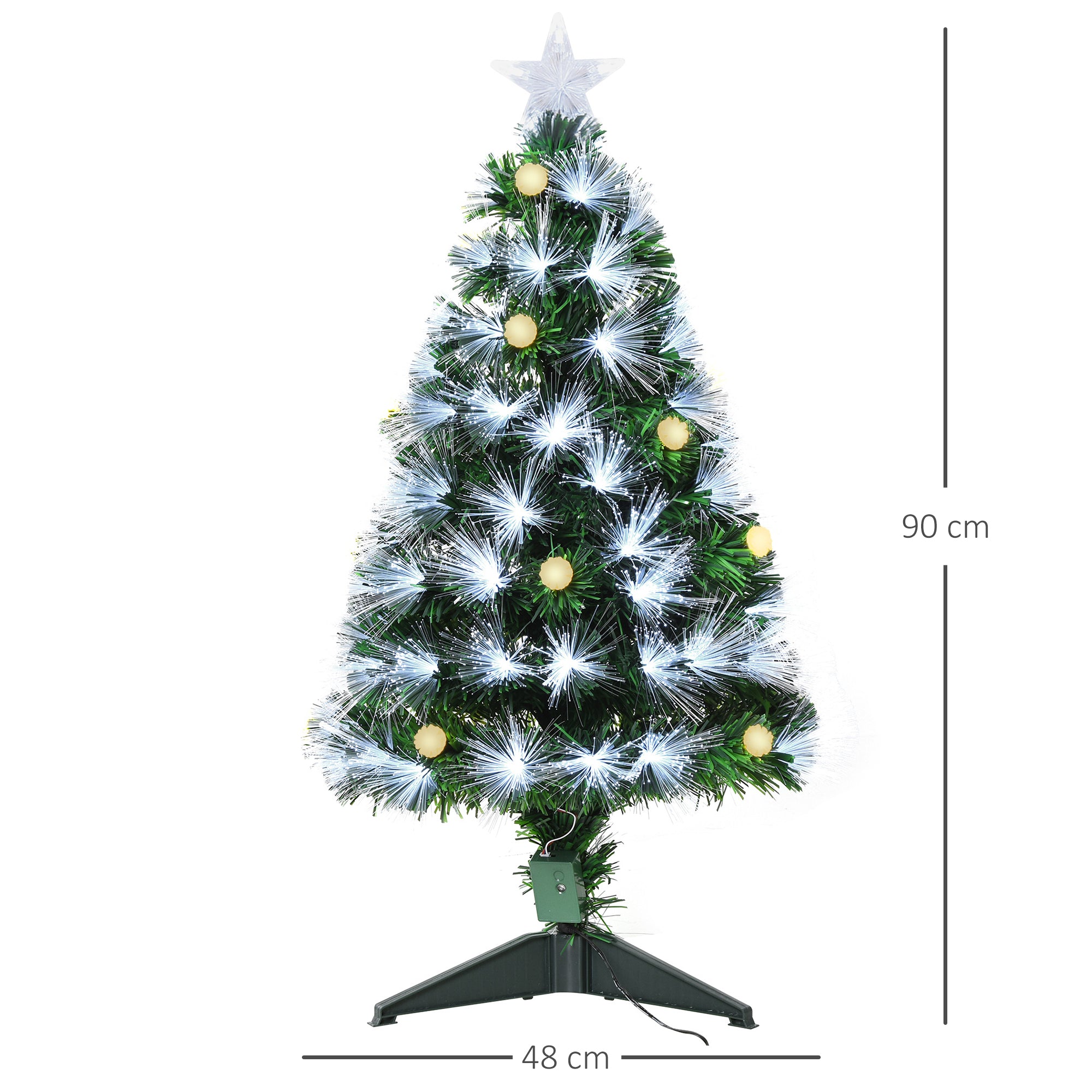 Sapin de Noël Artificiel Lumineux 90H cm Fibre Optique LED + 14 Ampoules + Support Pied 90 Branches étoile Sommet Brillante Vert