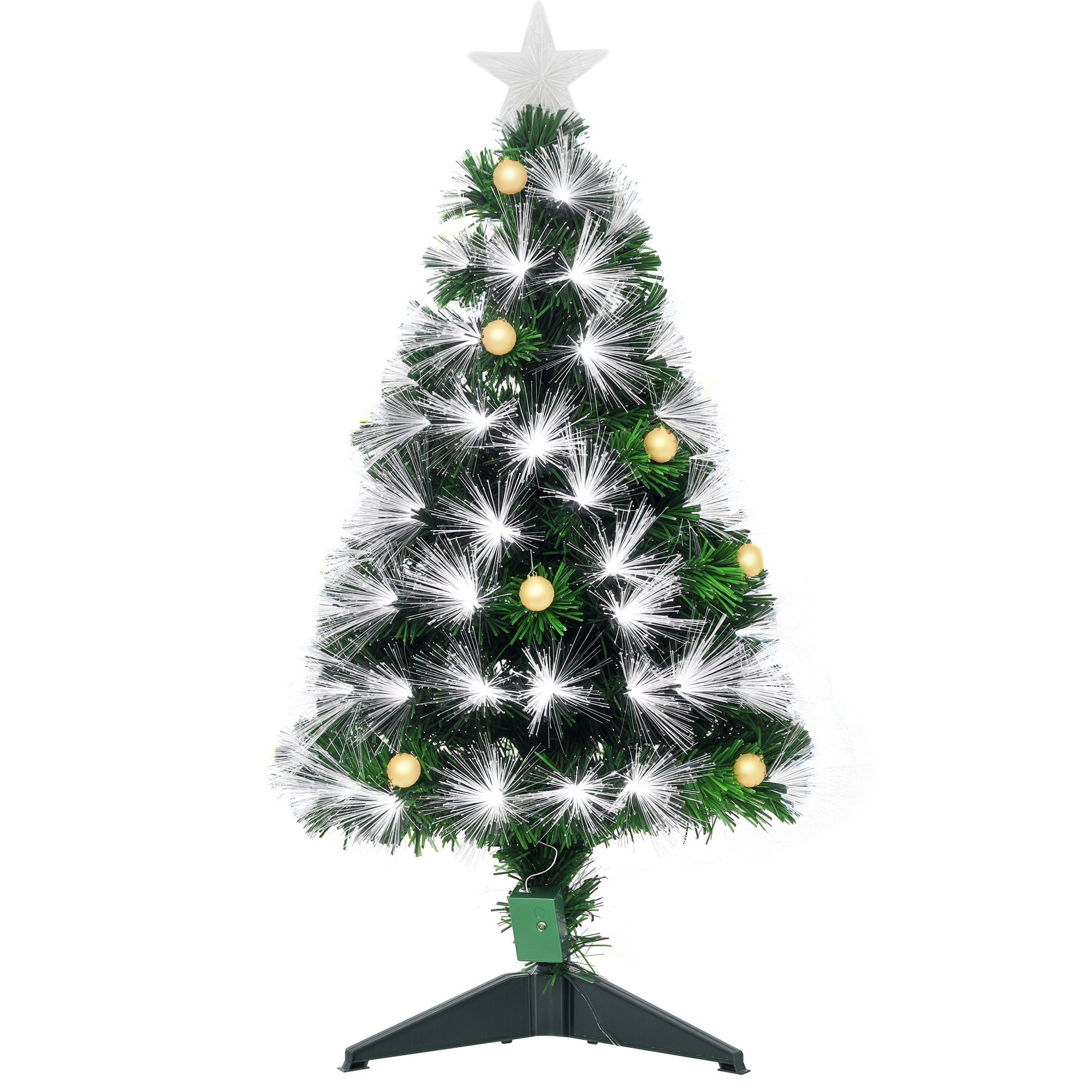 Sapin de Noël Artificiel Lumineux 90H cm Fibre Optique LED + 14 Ampoules + Support Pied 90 Branches étoile Sommet Brillante Vert