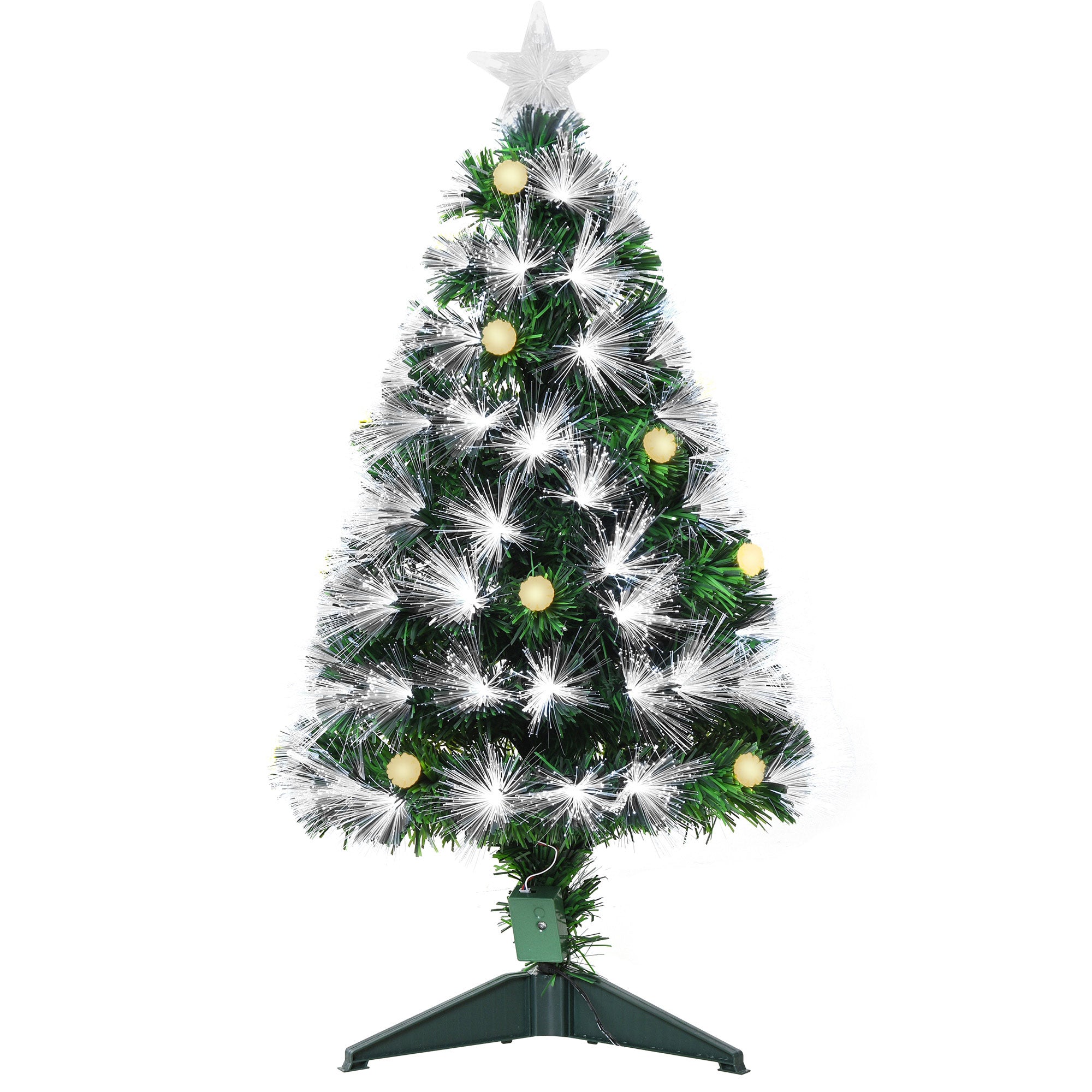 Sapin de Noël Artificiel Lumineux 90H cm Fibre Optique LED + 14 Ampoules + Support Pied 90 Branches étoile Sommet Brillante Vert